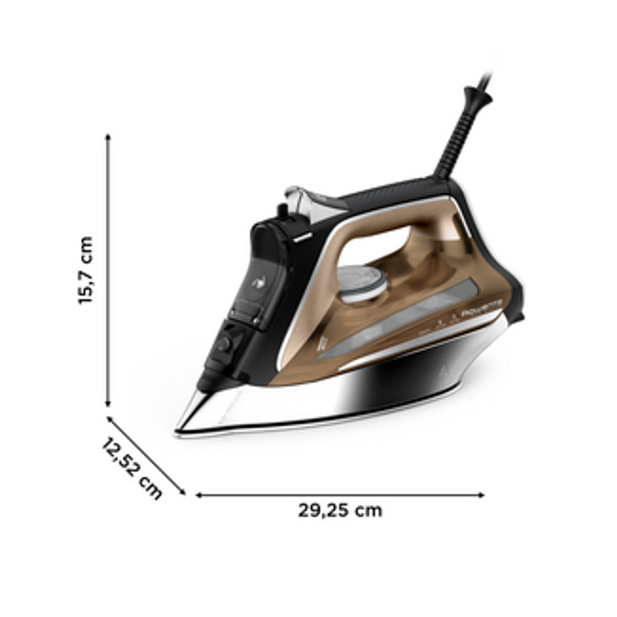 Una plancha con parte superior dorada y base negra. Dimensiones: 29,25 cm, 15,7 cm y 12,52 cm.