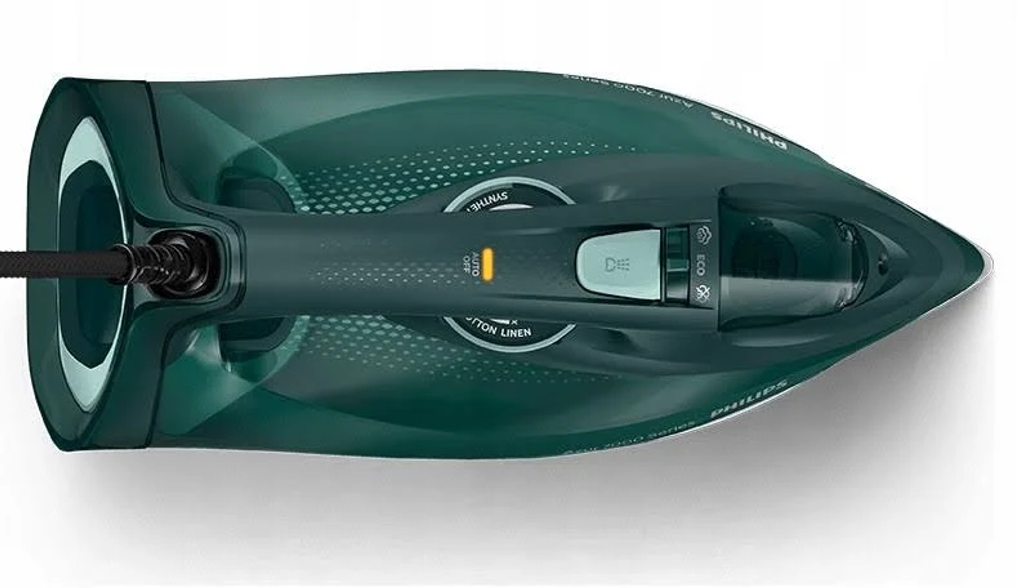 Zielone żelazko z góry, z ustawieniami i kablem.