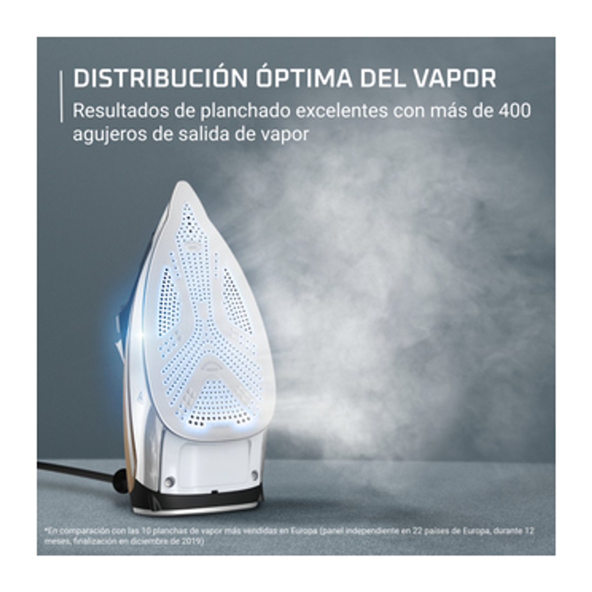 Plancha emitiendo vapor, con texto en español que describe la distribución y resultados óptimos del vapor.
