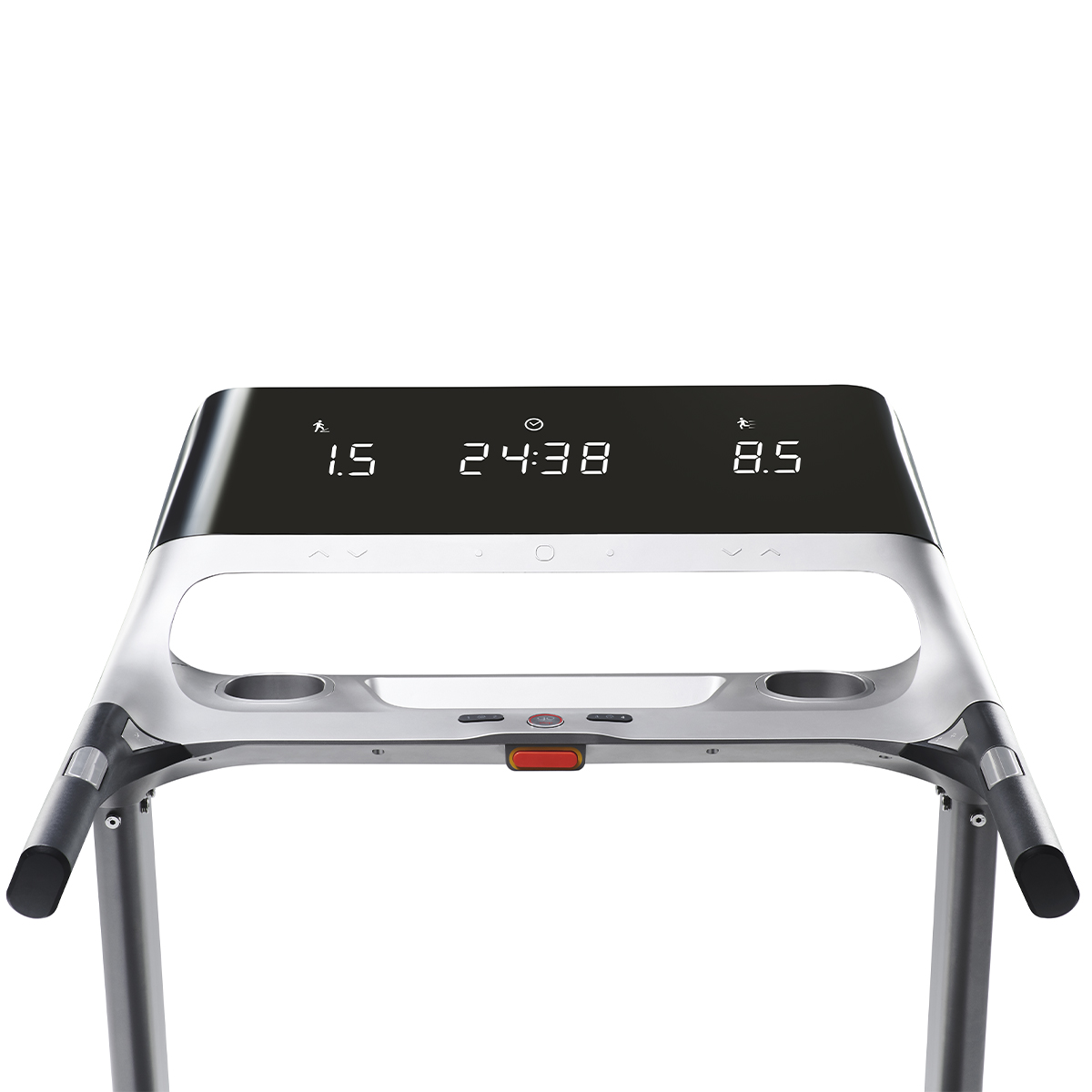 Panel sterowania bieżni pokazujący prędkość, czas i dystans. Szara rama z czarnymi uchwytami.