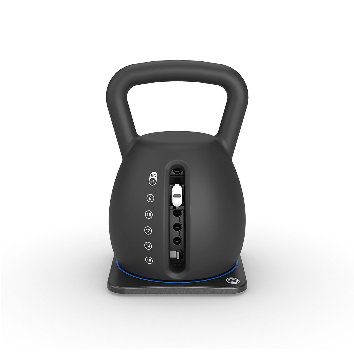 Bir sapı olan siyah bir kettlebell, yan tarafında ağırlık artışlarını gösteriyor.