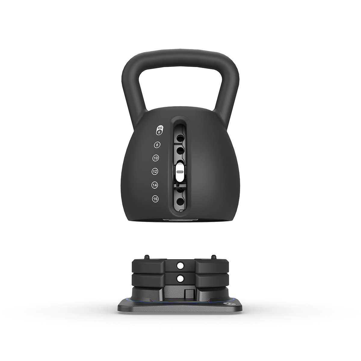 Üstte bir tutamağı ve altta ağırlıkları olan siyah bir kettlebell. Ayarlanabilir ağırlık.