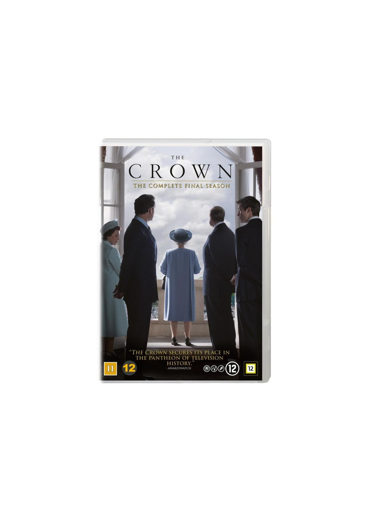 Pochette DVD de 'The Crown: The Complete Final Season'. Comprend des acteurs et du texte sur fond blanc.