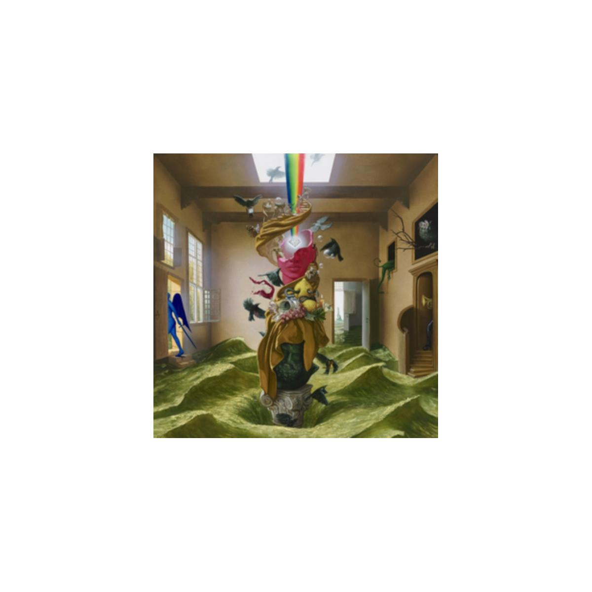 Surrealistische kamer met golvende vloer, stenen pilaar, vogels en regenboog.