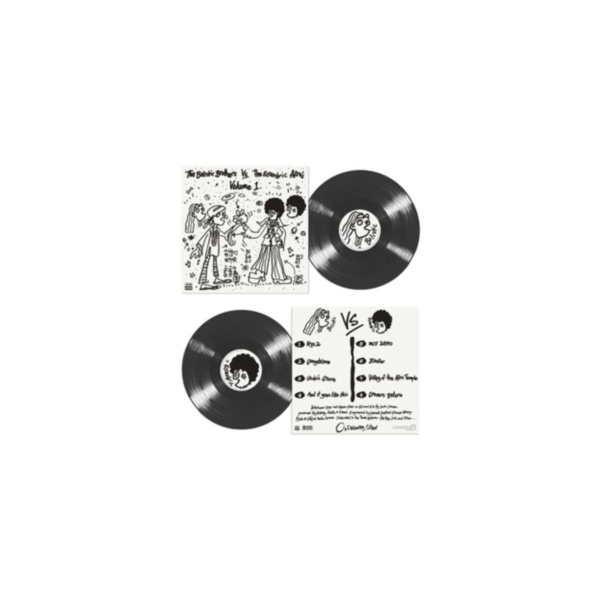 Albumhoes met twee vinylplaten en een hoes met cartoontekeningen.