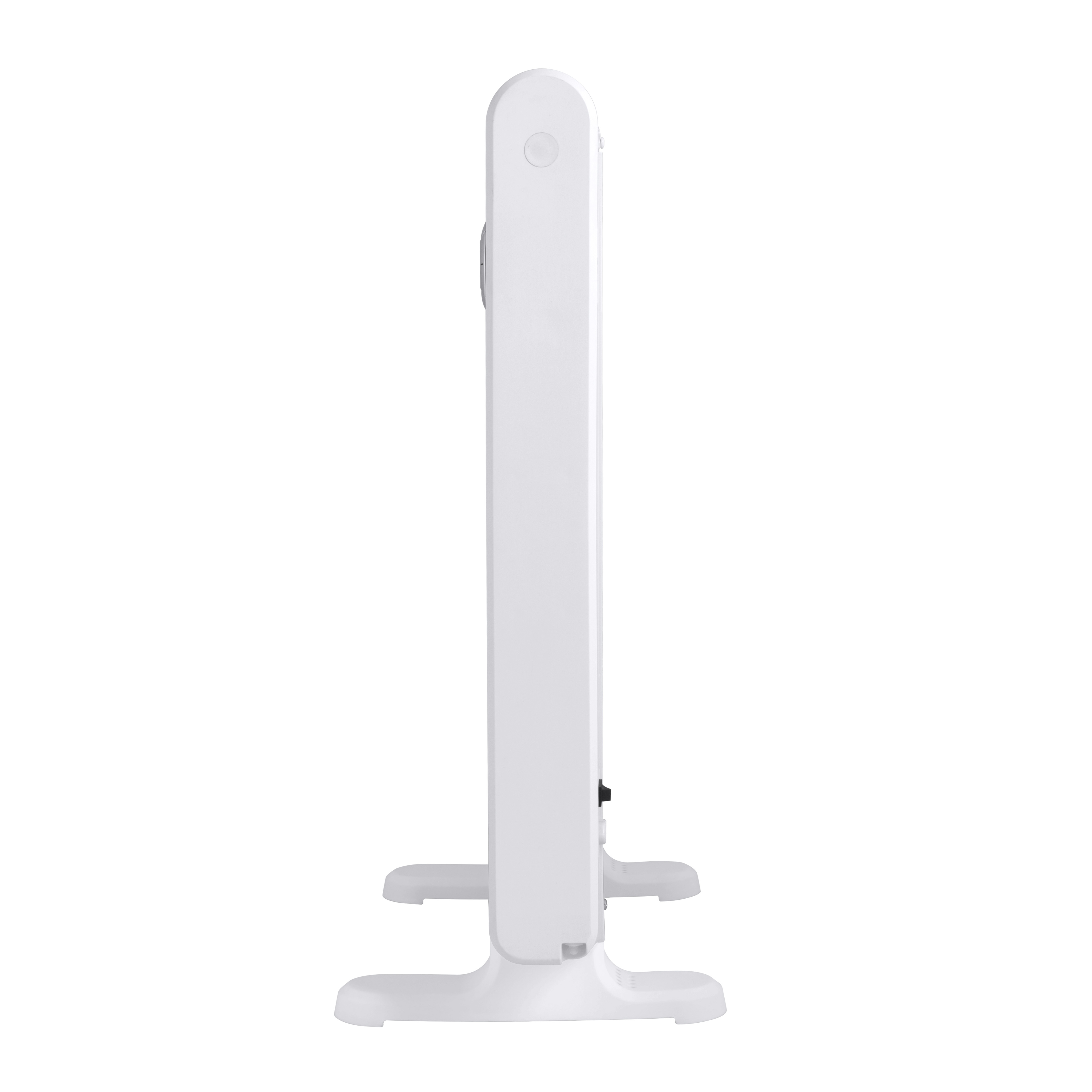 Un termoconvettore bianco, vista laterale, su sfondo bianco, con pulsante di accensione e gambe.