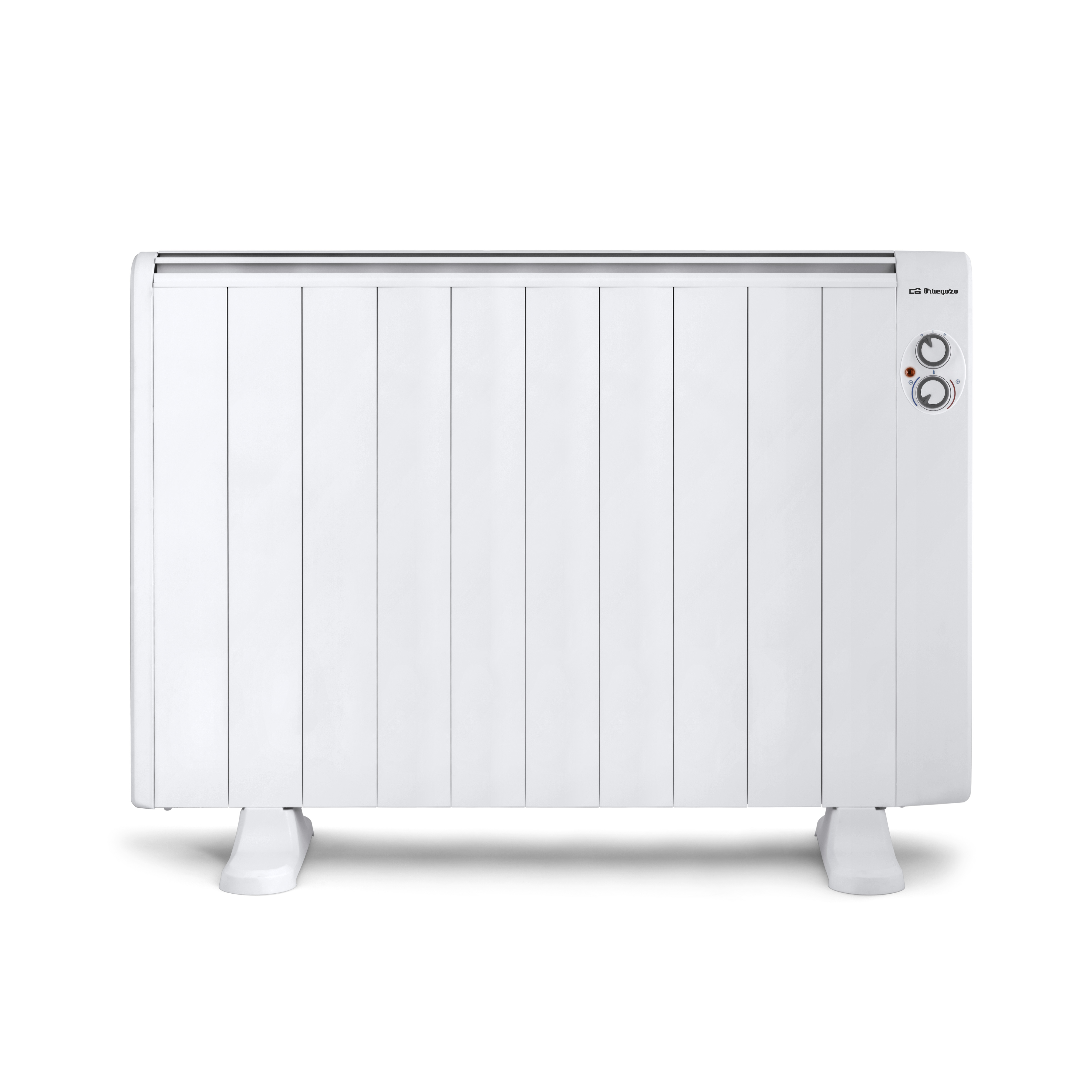 Radiador eléctrico blanco con controles sobre fondo blanco.