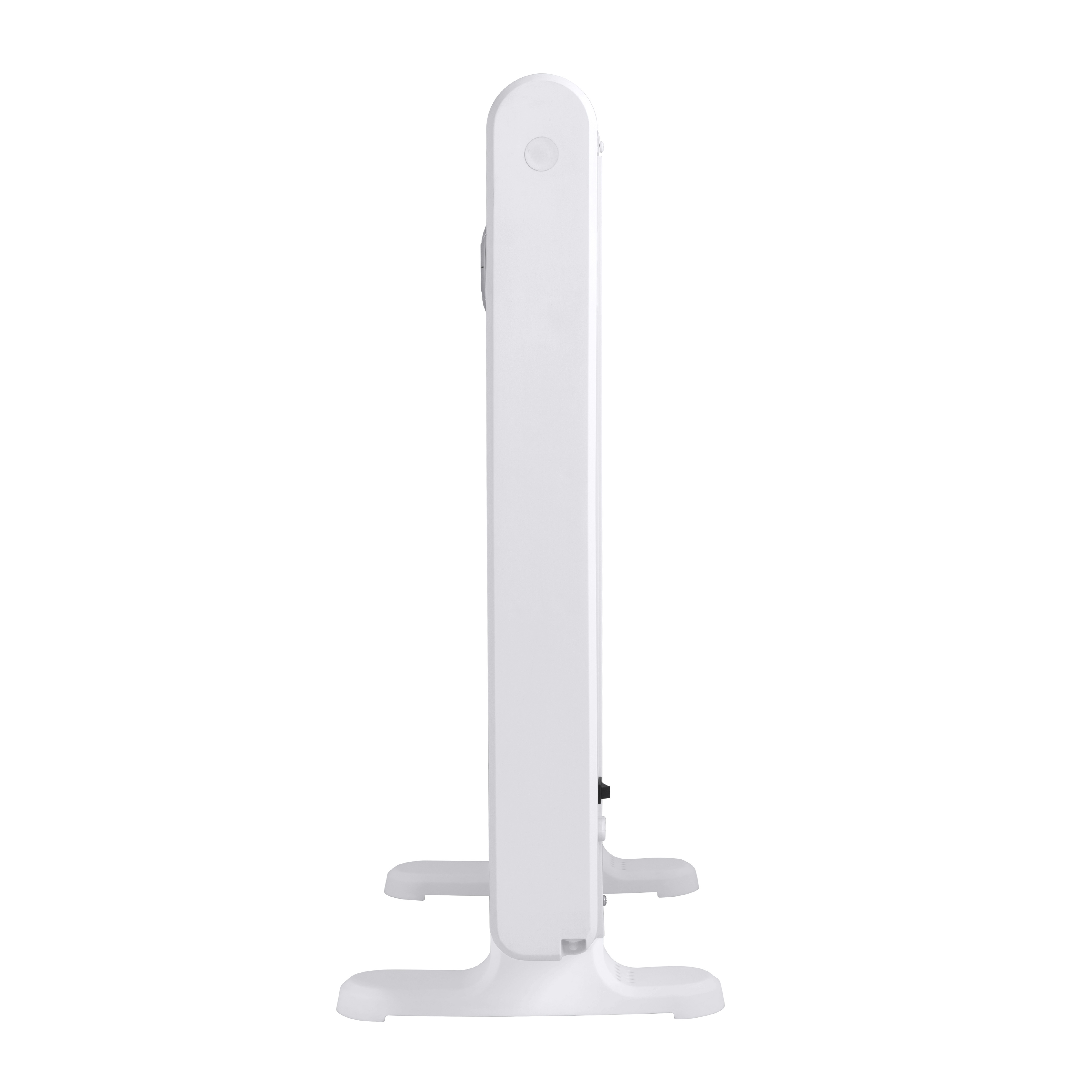 Radiatore elettrico bianco. Vista laterale, design minimalista su sfondo bianco.