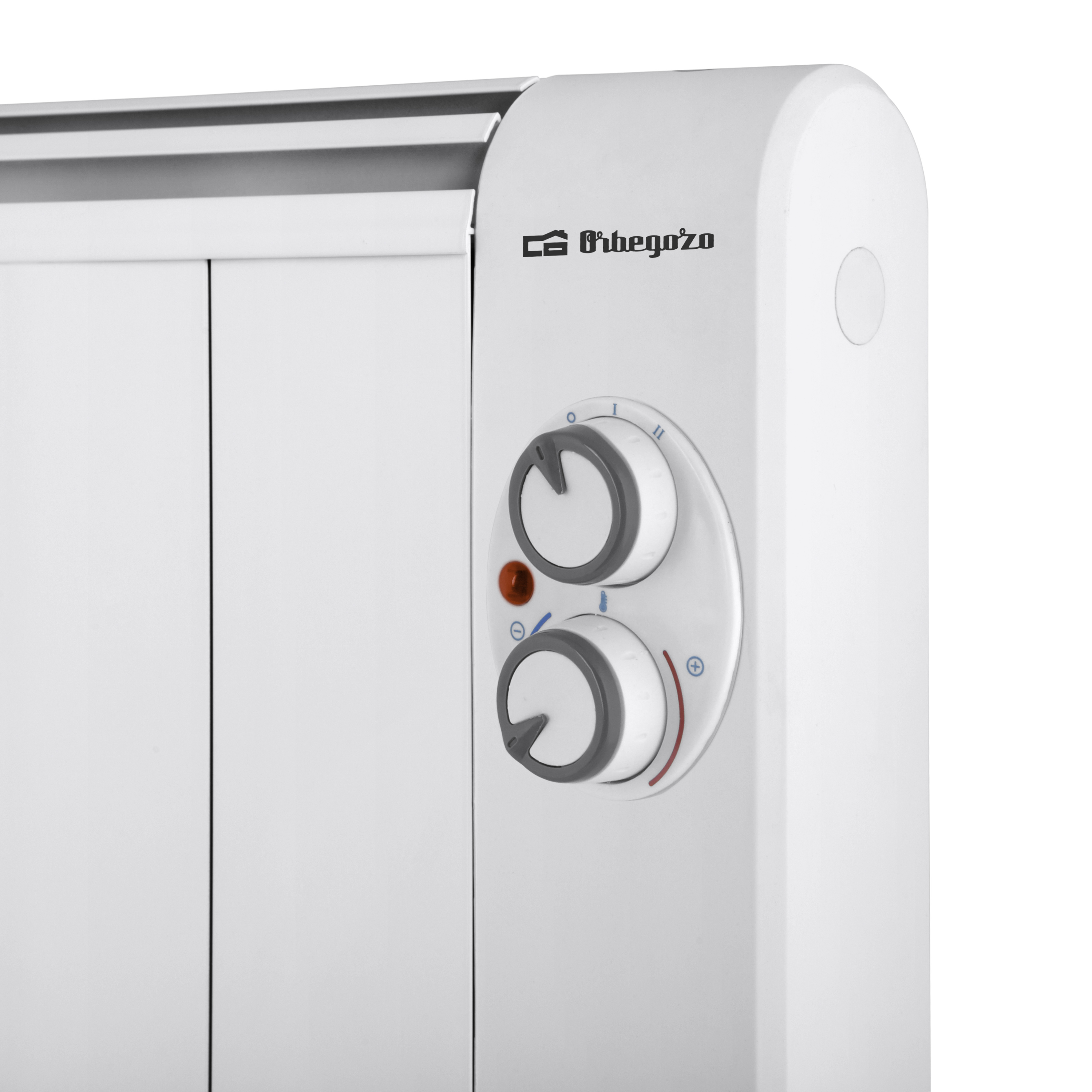 Termosifone bianco con due manopole e una luce rossa. È acceso.