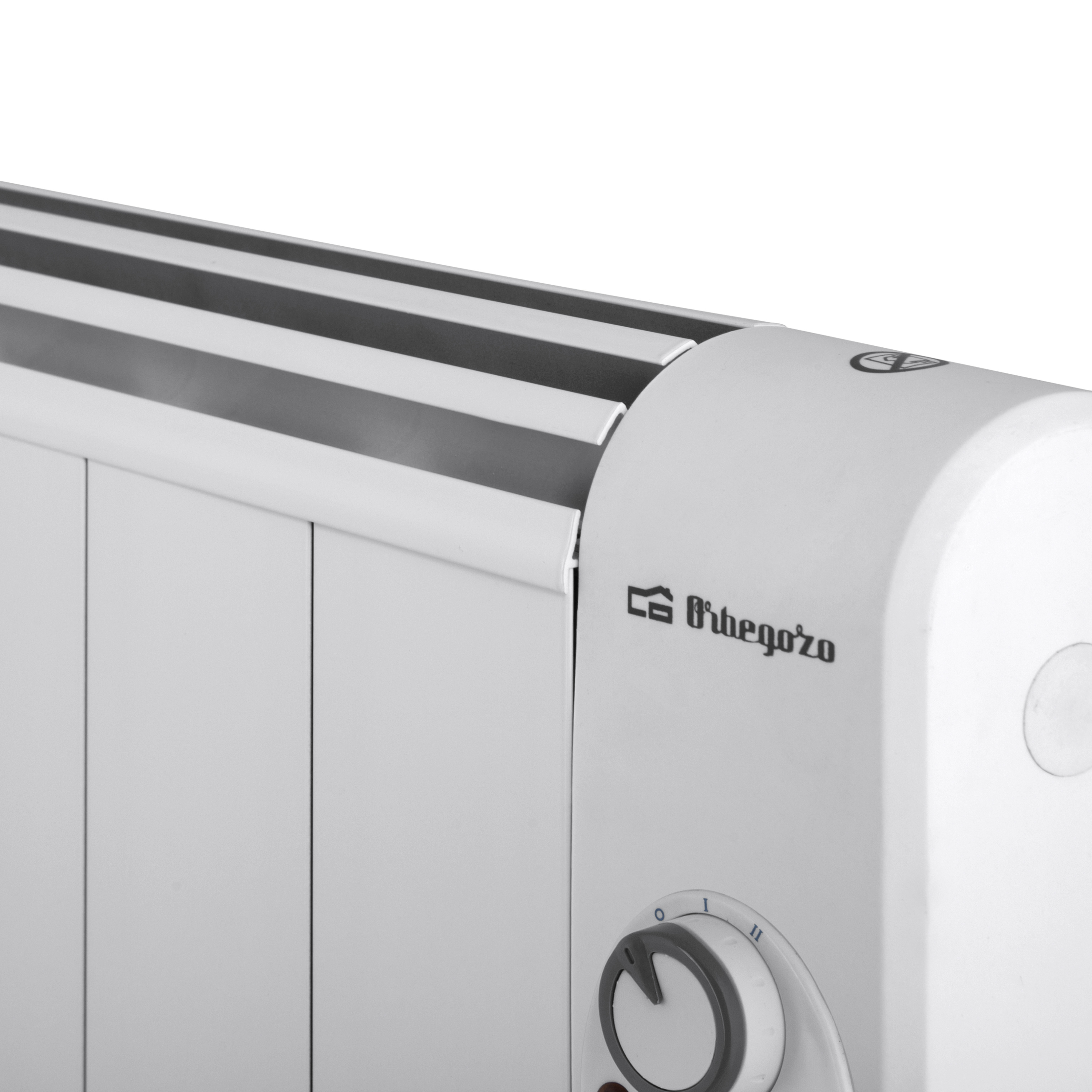 Termosifone elettrico bianco con strisce nere, logo del marchio e manopola di controllo.