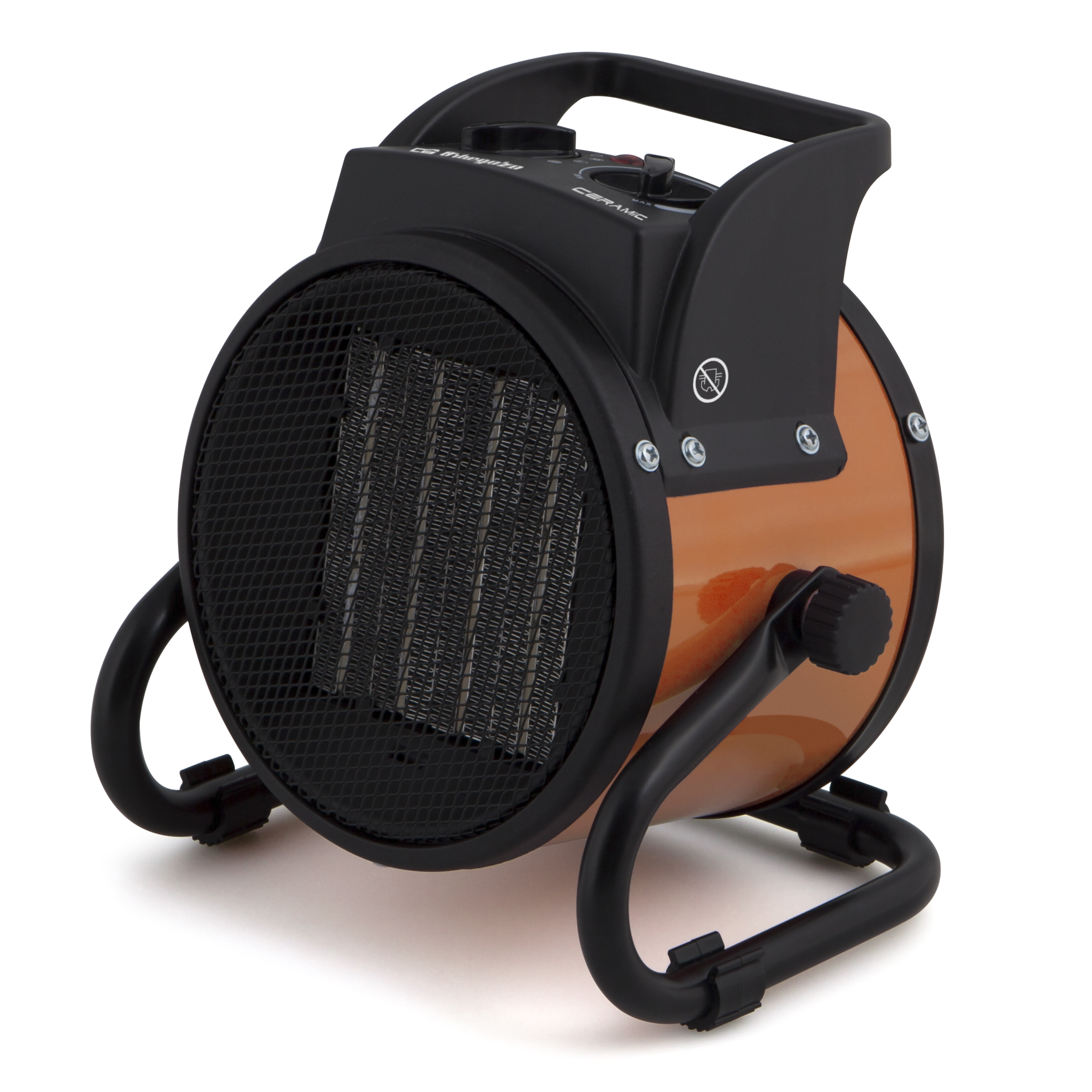 Pomarańczowo-czarny grzejnik elektryczny z siatką drucianą i uchwytem.