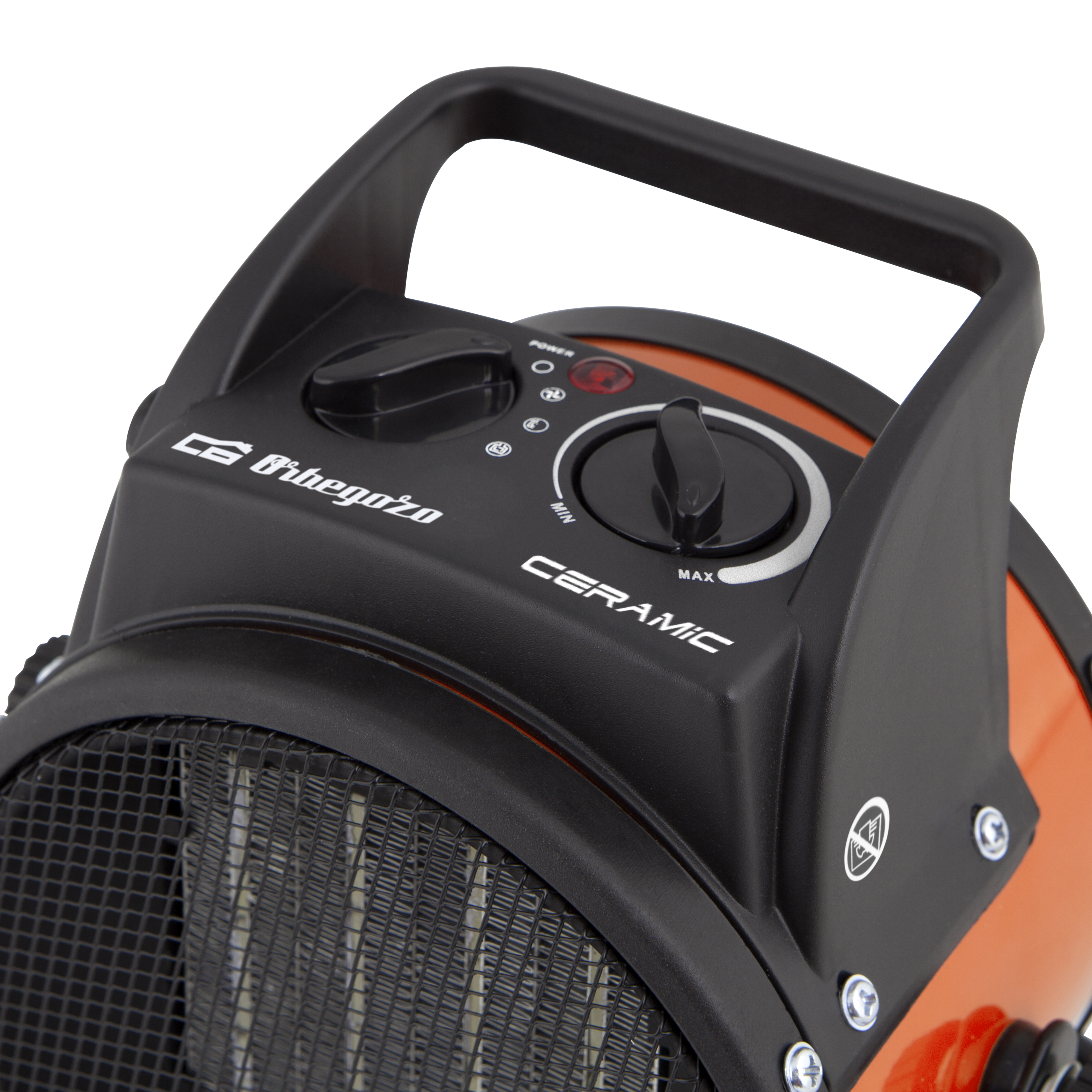 Pomarańczowo-czarny grzejnik ceramiczny. Posiada panel sterowania z pokrętłem i przyciskami zasilania.