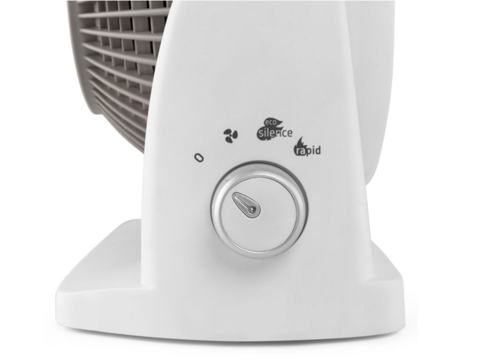 Biały wentylator z pokrętłem do ustawień prędkości i słowem silence.