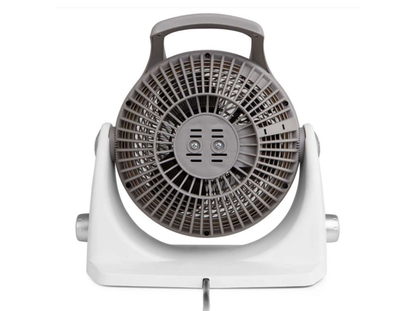 Szary wentylator, widok z przodu, z uchwytem i podstawą, białe tło.