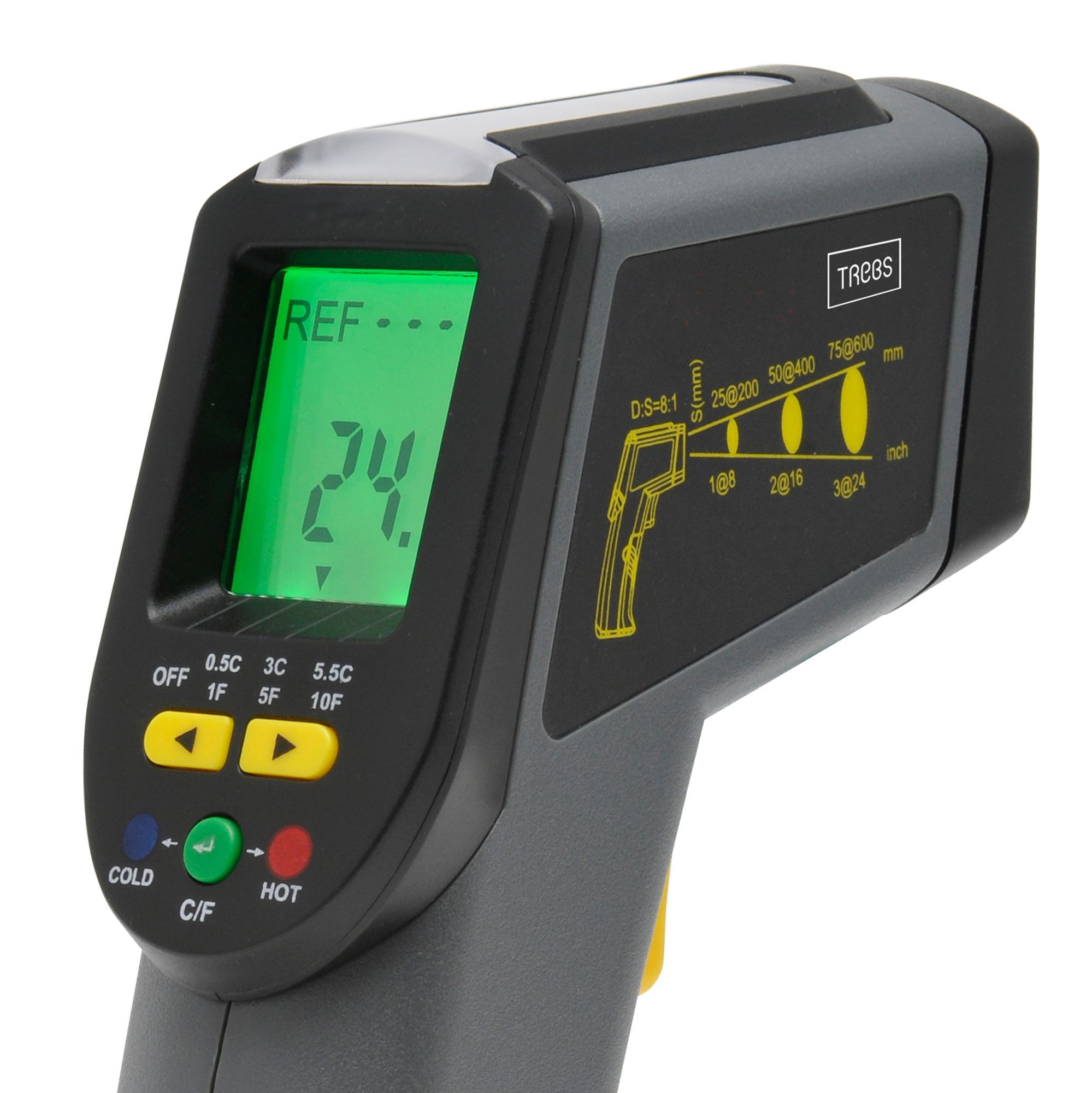 Ein handgehaltenes Infrarot-Thermometer. Es ist schwarz und grau mit einem grünen Display, das eine Temperatur anzeigt.