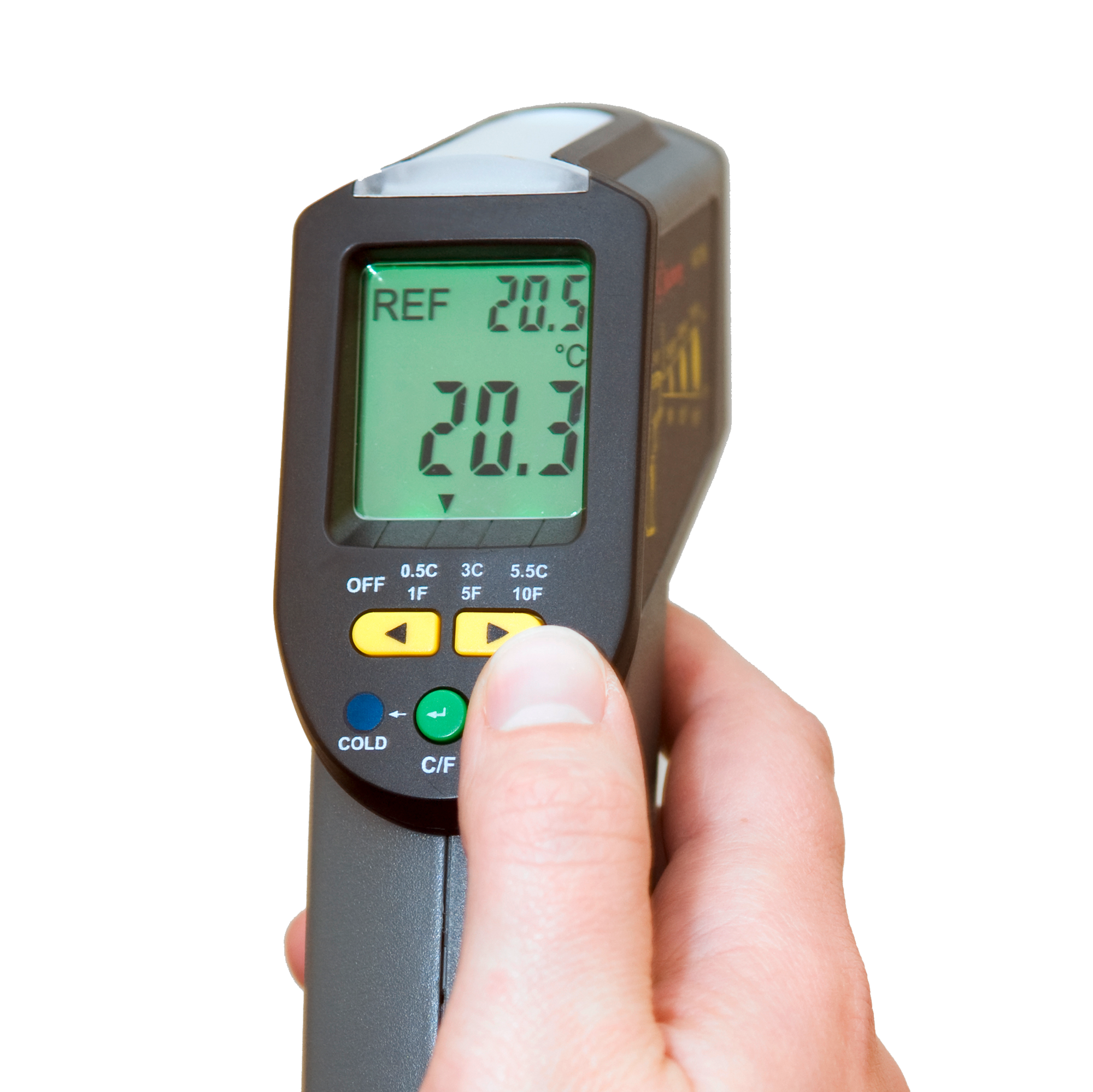 Eine Hand, die ein schwarzes und graues digitales Thermometer hält.
