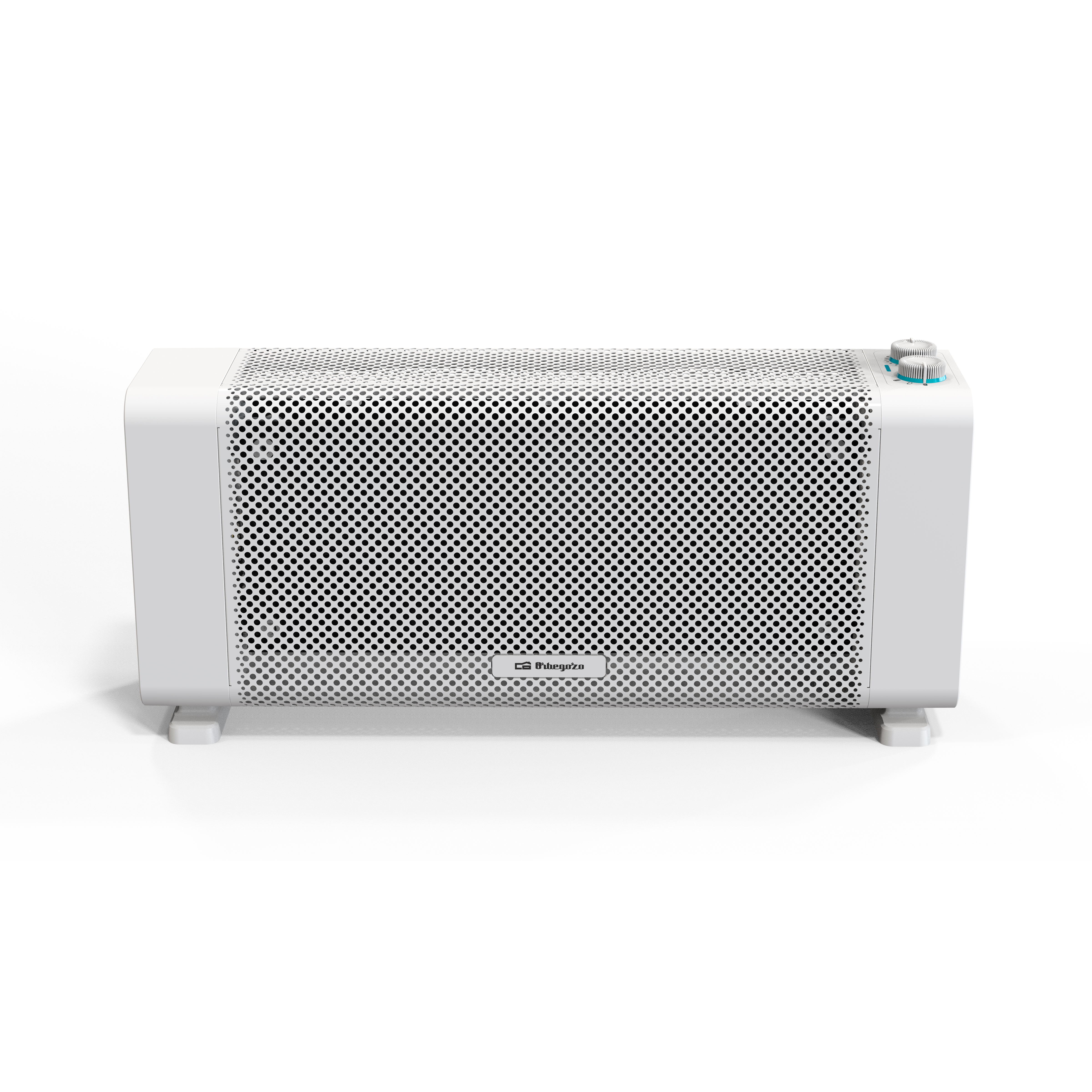 Biały, prostokątny grzejnik z czarnym, perforowanym przodem. Ma pokrętło regulacji na górze.