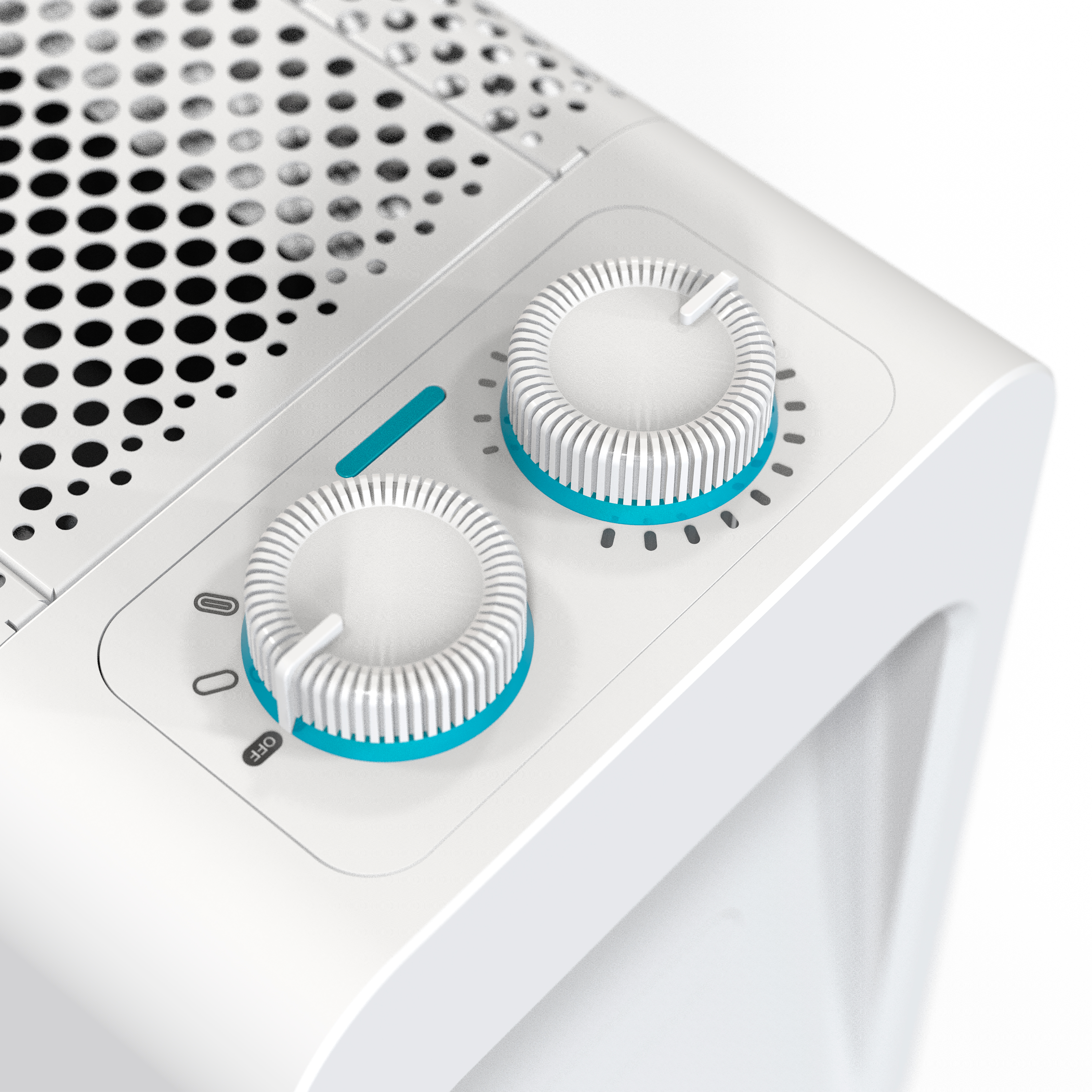 Białe urządzenie z dwoma pokrętłami. Niebieskie akcenty. Białe tło.