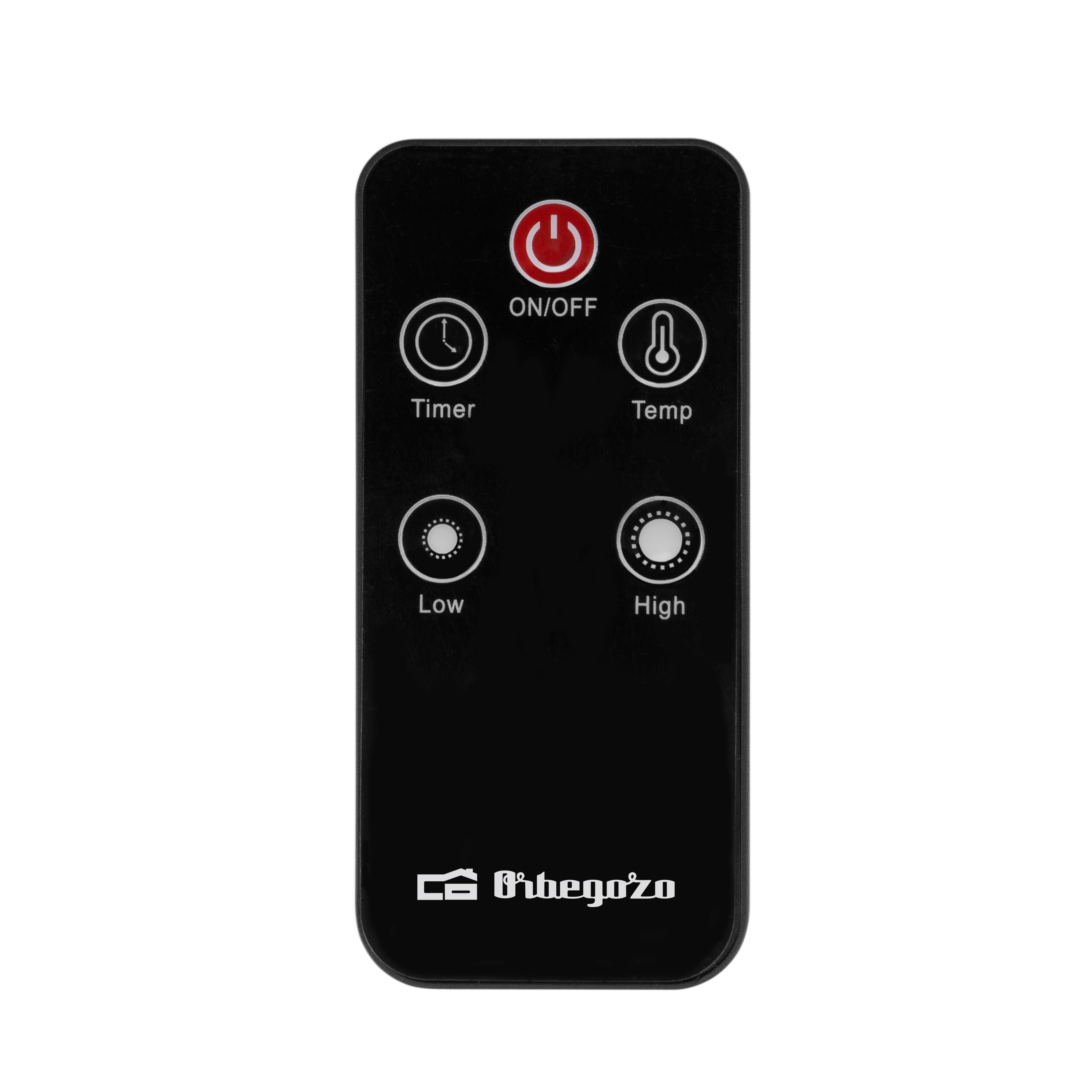 Telecomando nero con pulsanti etichettati On/Off, Timer, Temp, Low e High.