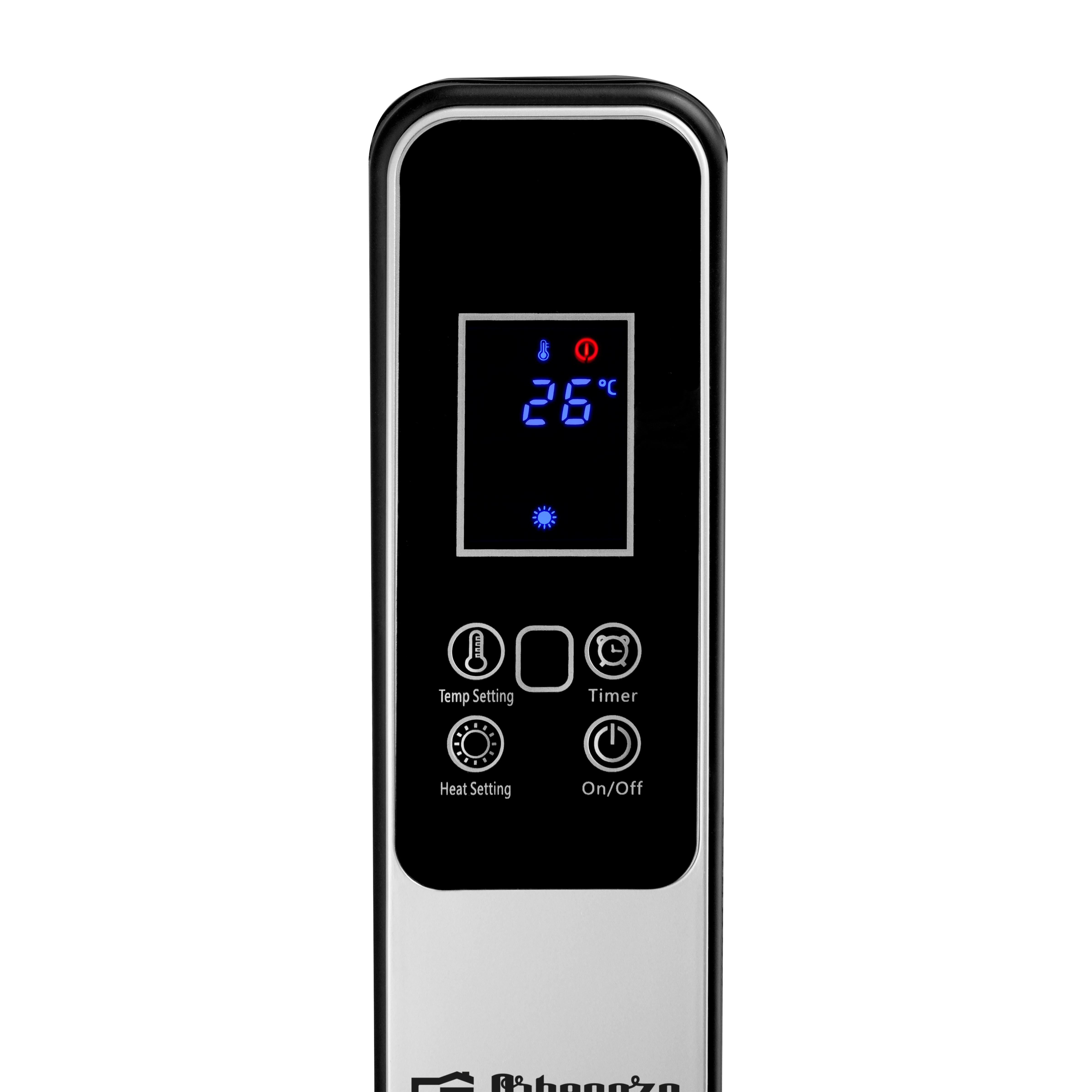 Czarny pilot. Wyświetla ustawienie temperatury, ustawienie ogrzewania, timer i przyciski włączania/wyłączania.