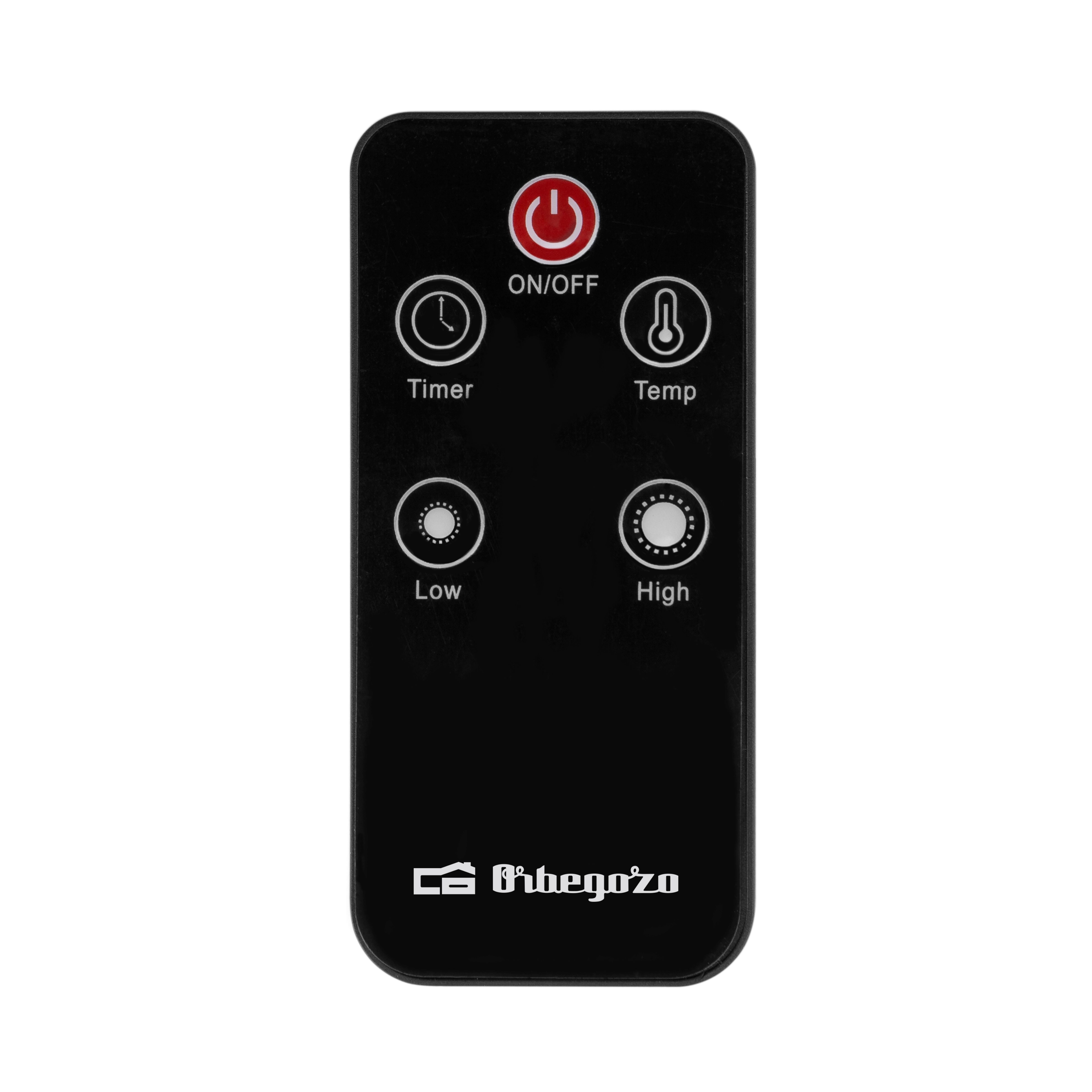 Czarny pilot z włącznikiem/wyłącznikiem, timerem, temp, niskim i wysokim. Logo Orbegozo.