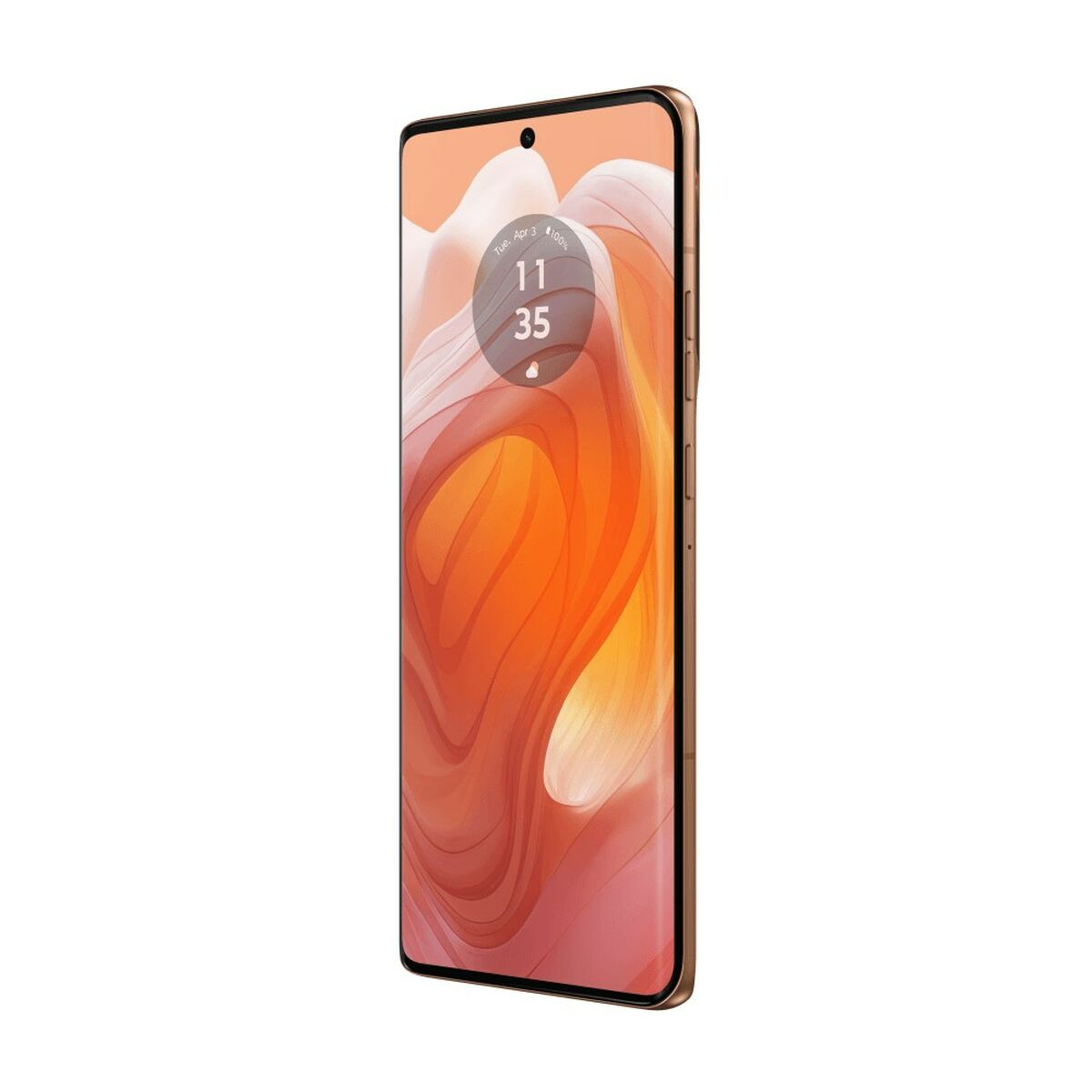 Złoty smartfon z zakrzywionym ekranem. Godzina to 11:35 AM. Pomarańczowe i różowe tło.