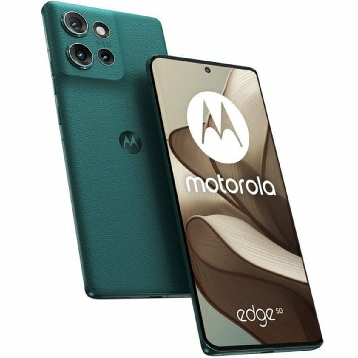 Zielony telefon Motorola Edge 50, dwa aparaty i nazwa marki na ekranie.
