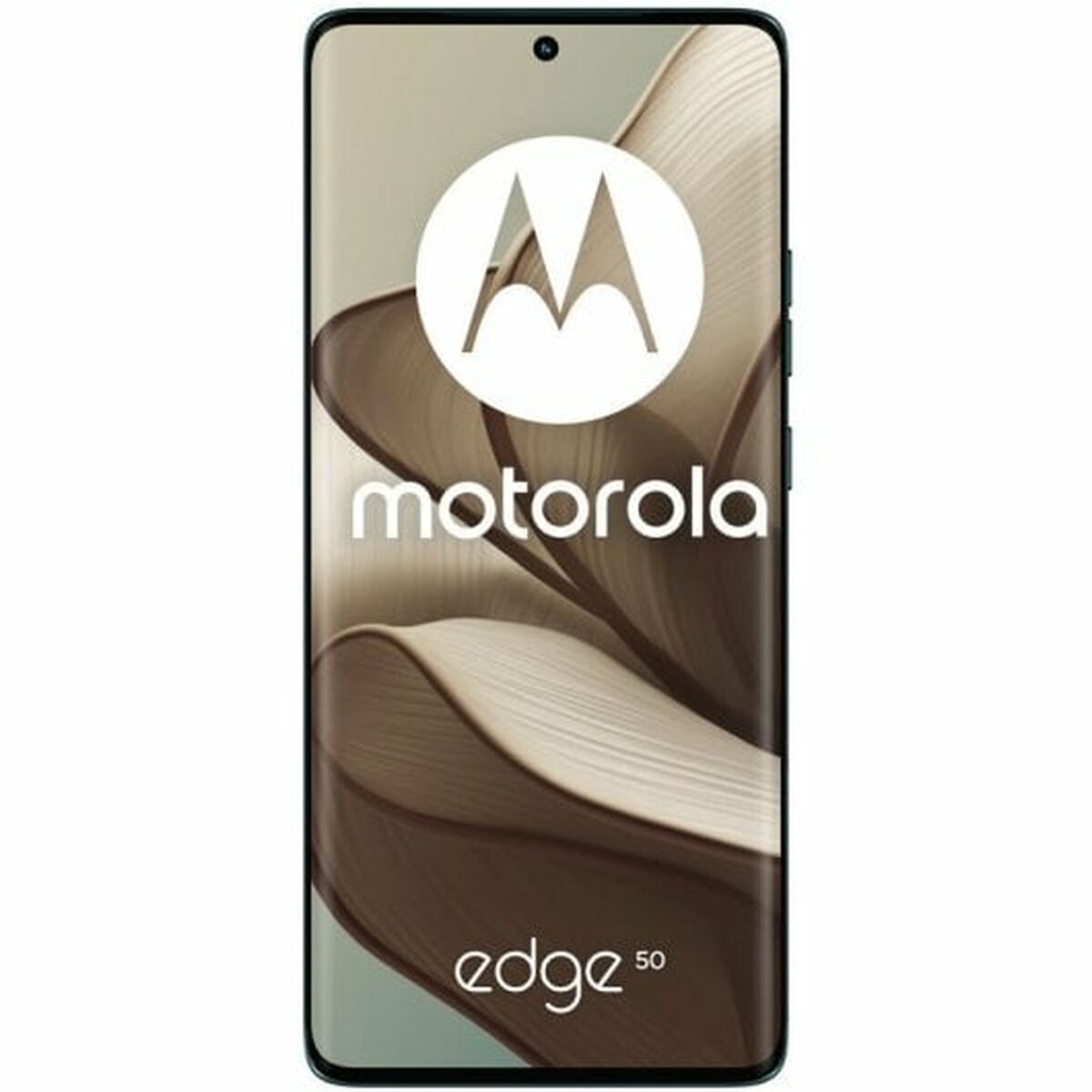 Telefon Motorola Edge 50 na białym tle, pokazujący logo Motorola.