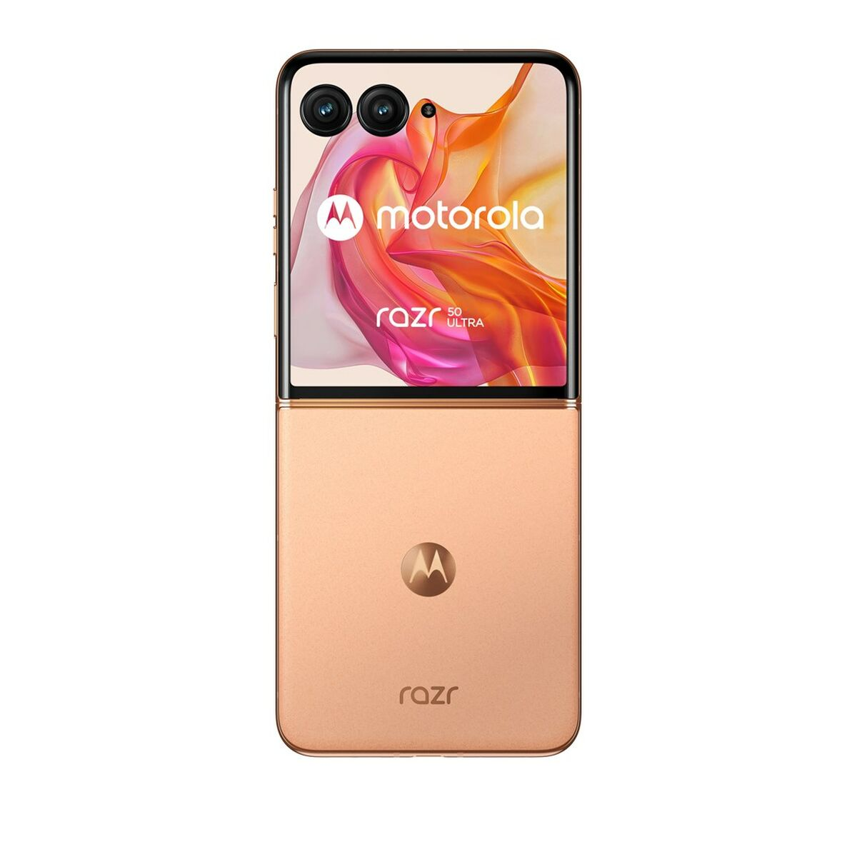 Goldenes Motorola Razr 50 Ultra, geöffnet. Zeigt das Motorola-Logo und zwei Kameras.