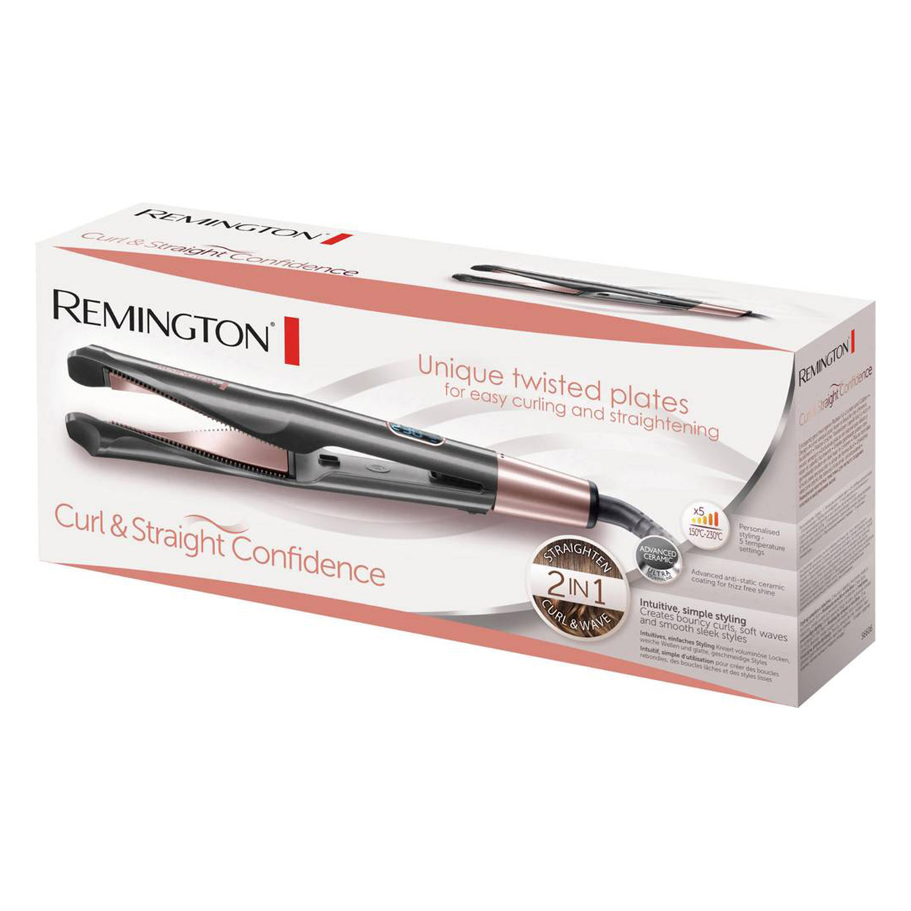 Scatola piastra per capelli Remington. Piastra 2 in 1. Scatola con testo e immagini.