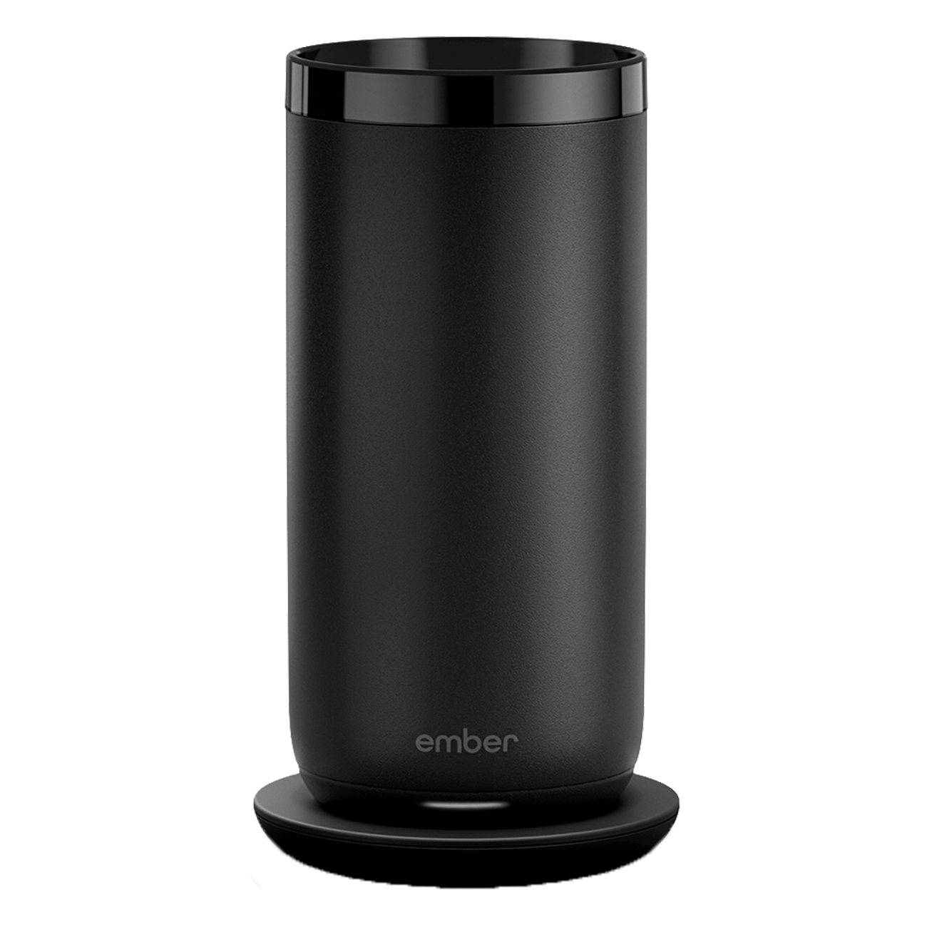 Schwarzer Ember Smart-Becher auf schwarzer Ladestation. Der Becher hat eine zylindrische Form.