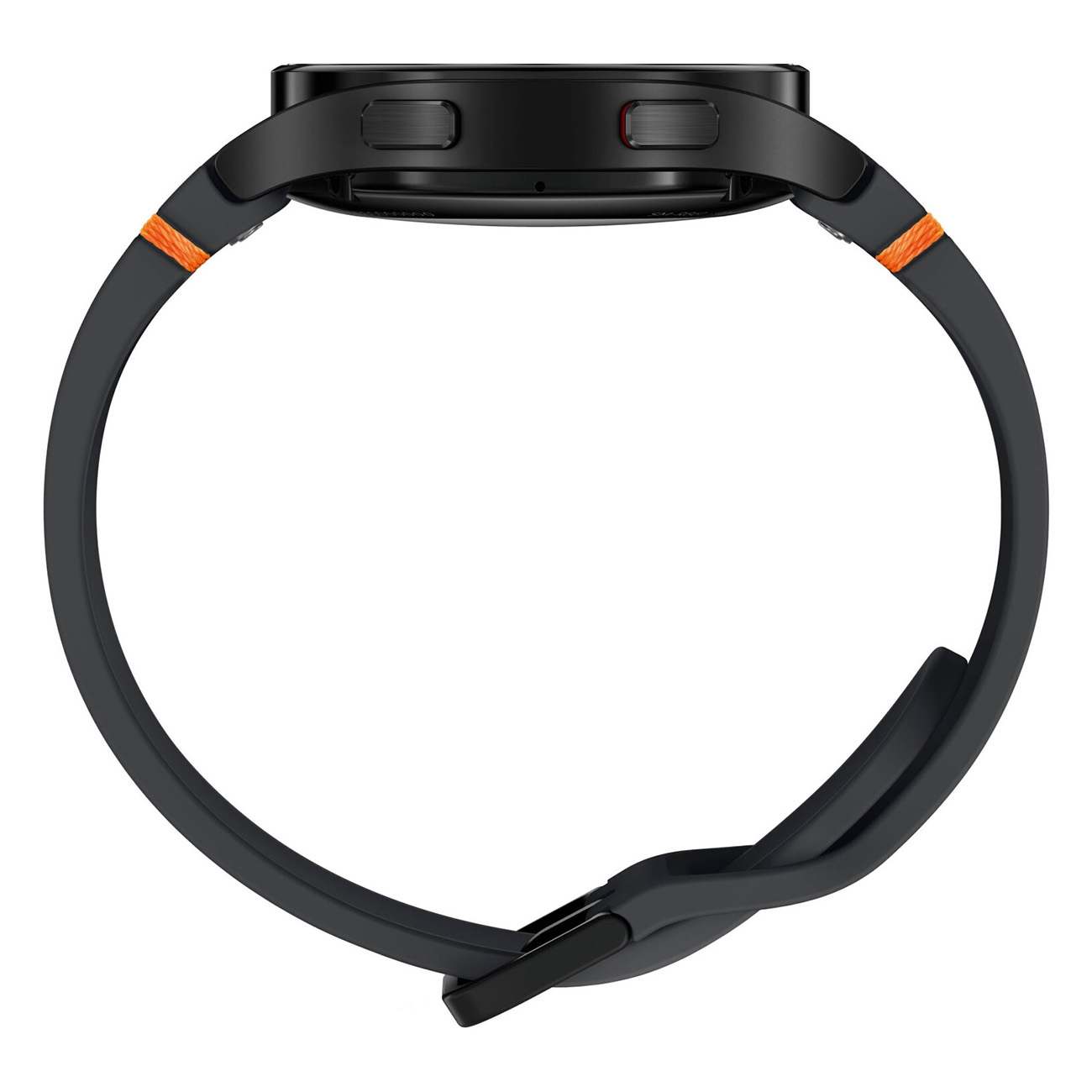 Smartwatch nero con dettagli arancioni su un cinturino nero. L'orologio è su sfondo bianco.