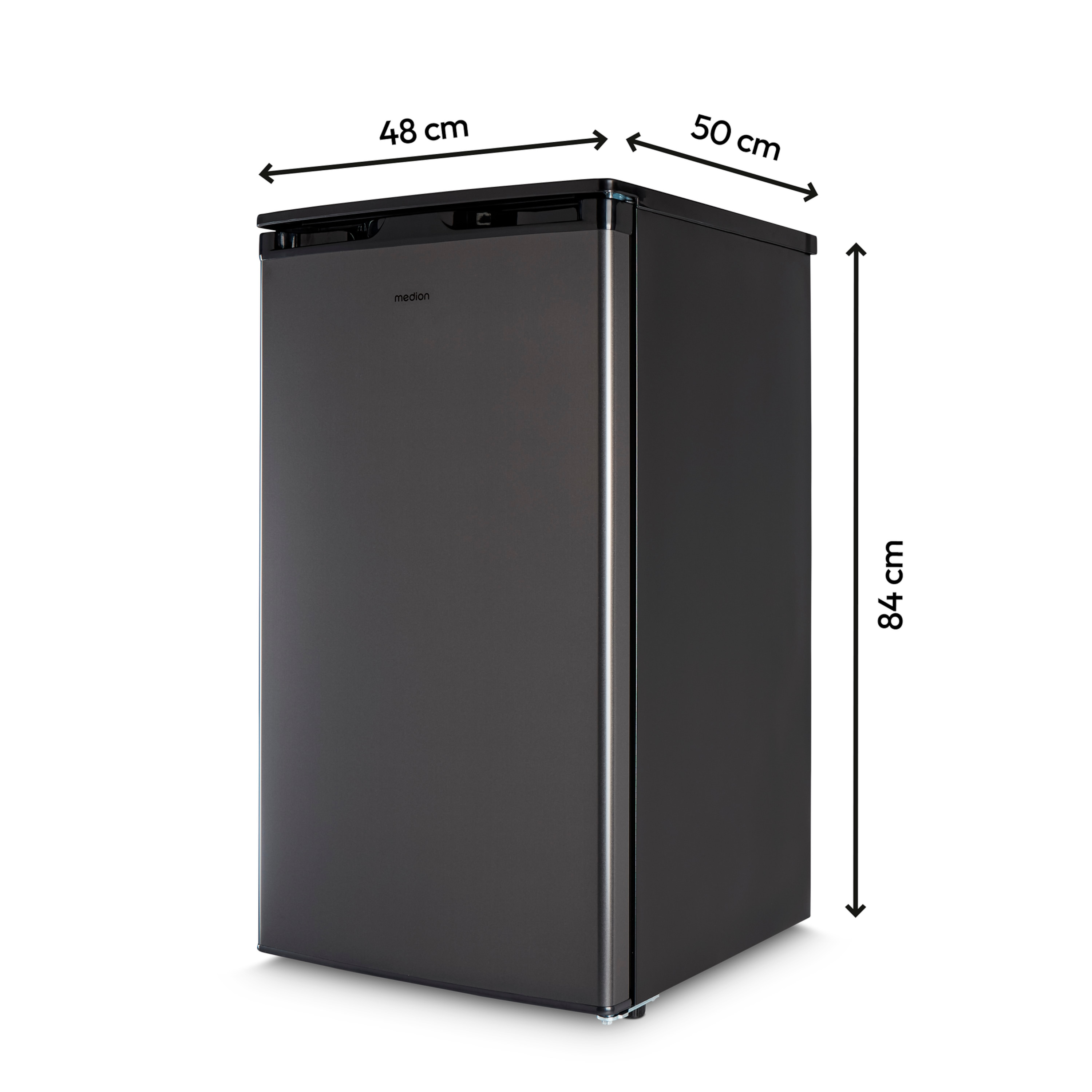 Black mini-fridge with dimensions labeled. Grey door and sides, white background.