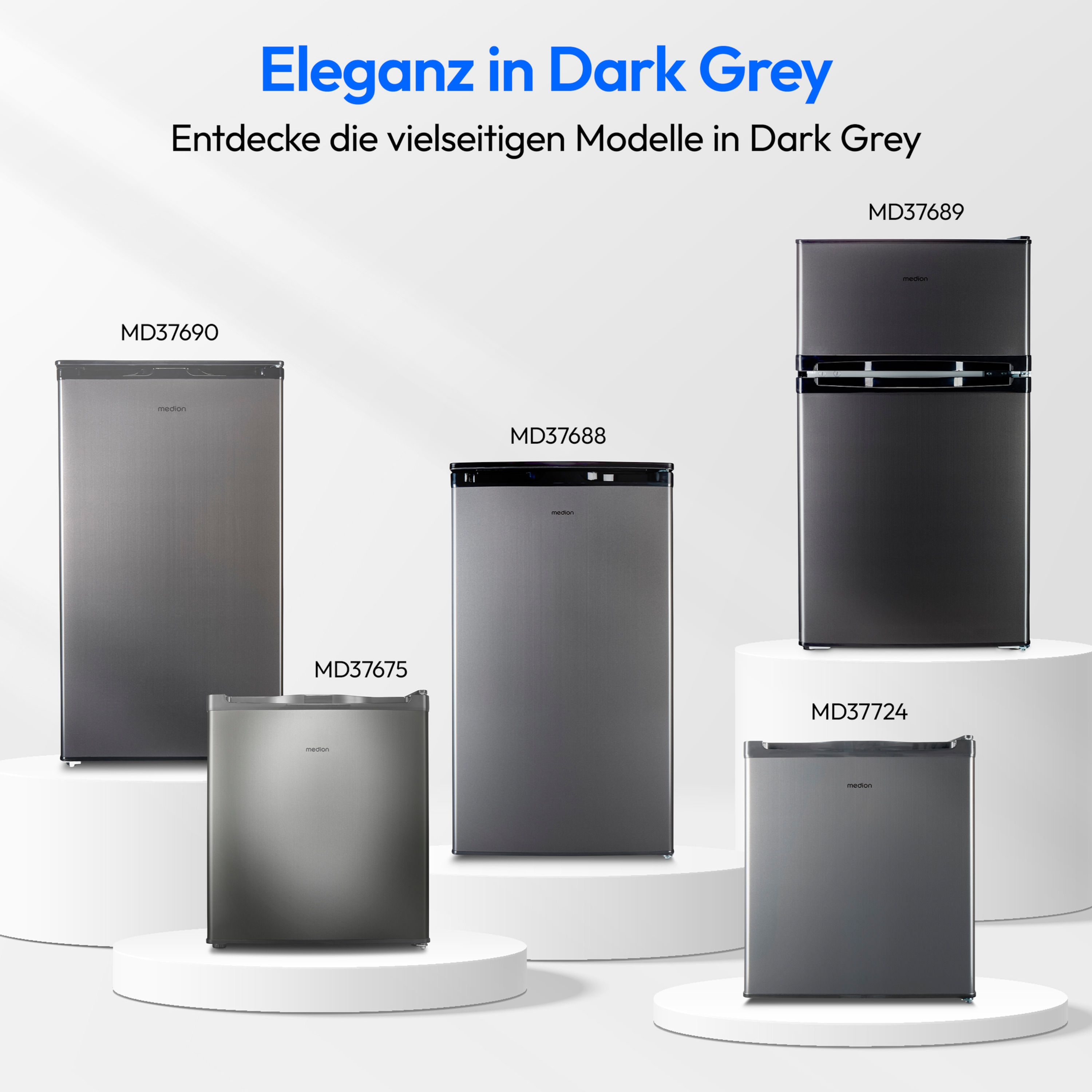 Various dark grey refrigerators on white pedestals. Text overlays describe the models and features.