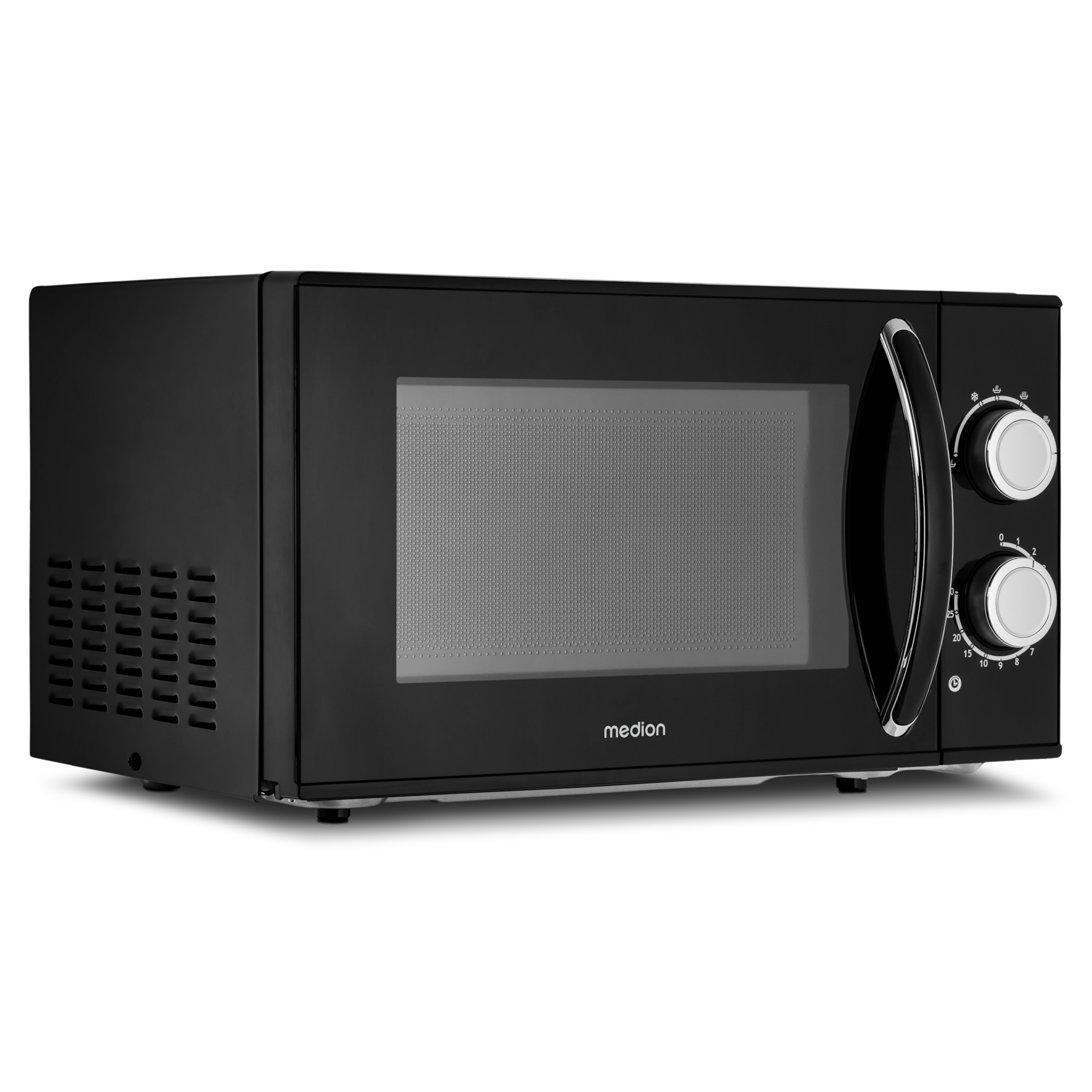 Czarna kuchenka mikrofalowa ze srebrnymi drzwiami, pokrętłami i napisem 'medion' z przodu.