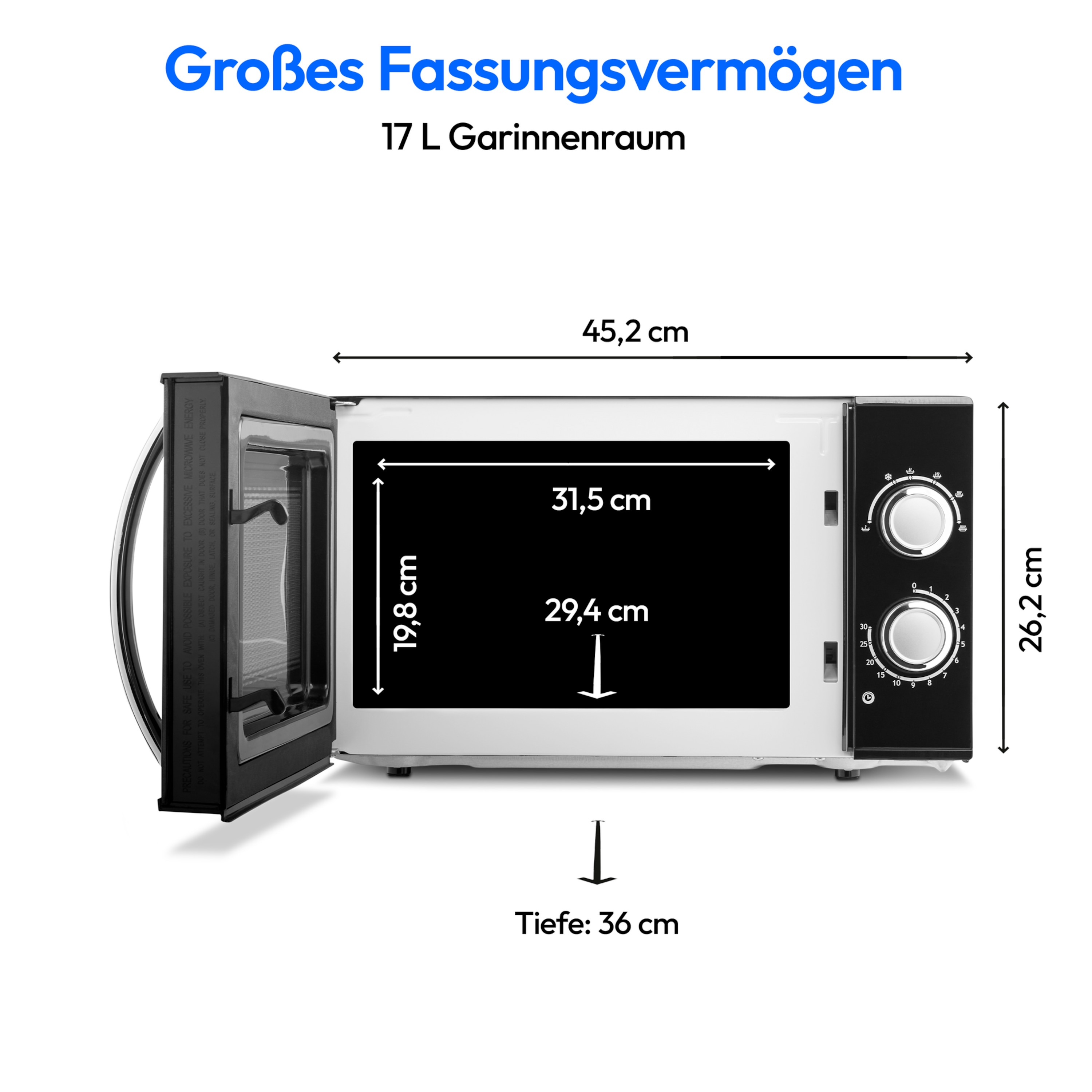 Kuchenka mikrofalowa z wyświetlonymi wymiarami. Drzwi otwarte. Białe wnętrze.