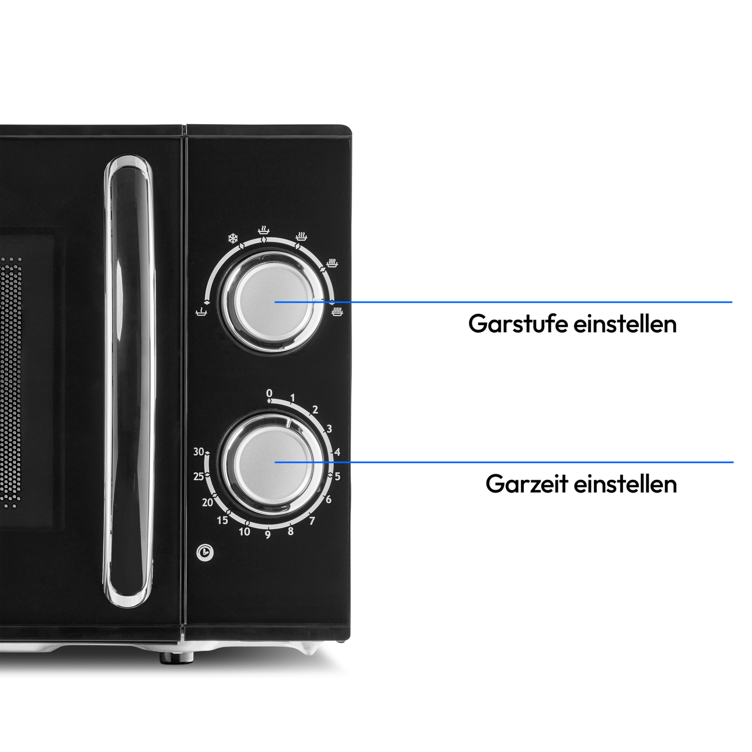 Czarna kuchenka mikrofalowa z pokrętłami. Dwa pokrętła po prawej. Jedno do mocy, drugie do czasu.