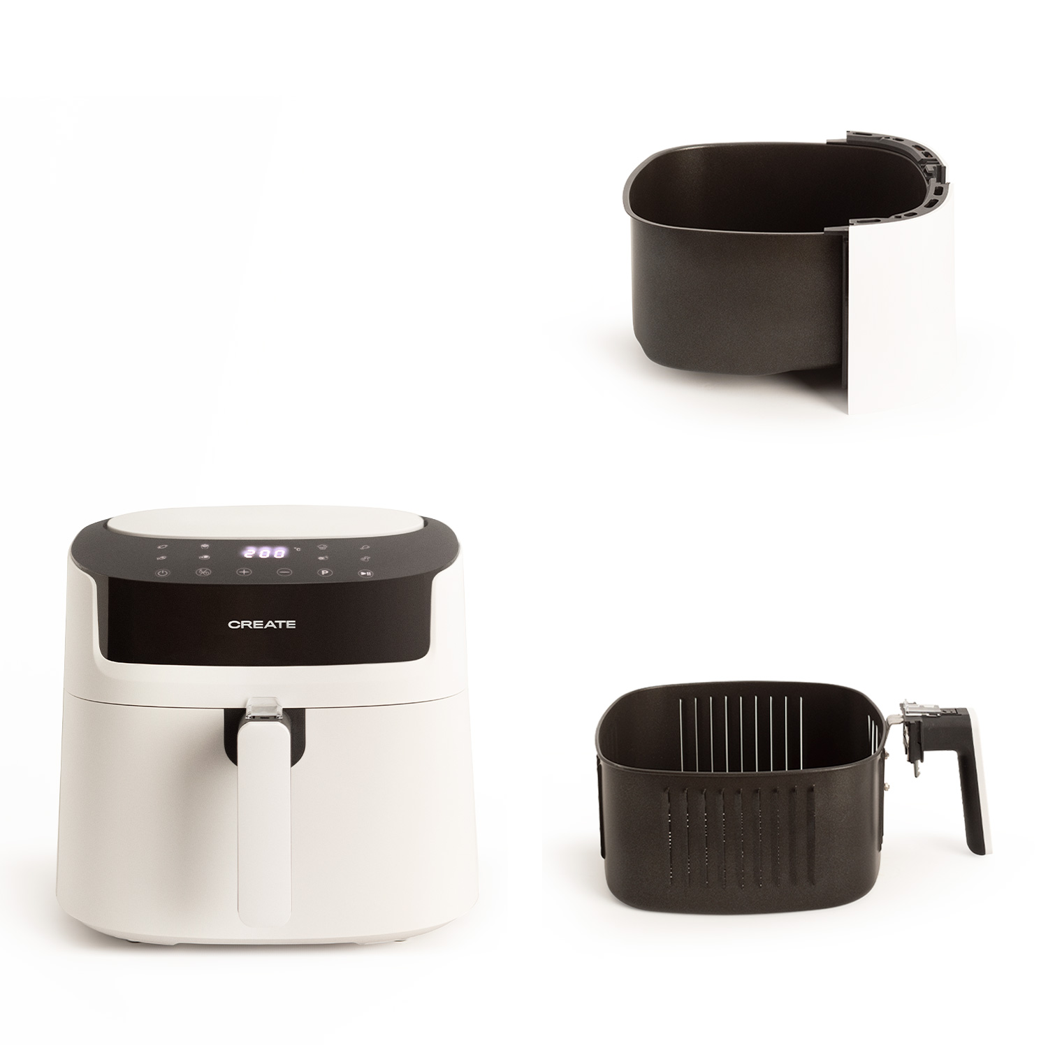 Biała frytkownica powietrzna z dwoma wyjmowanymi koszami na białym tle.