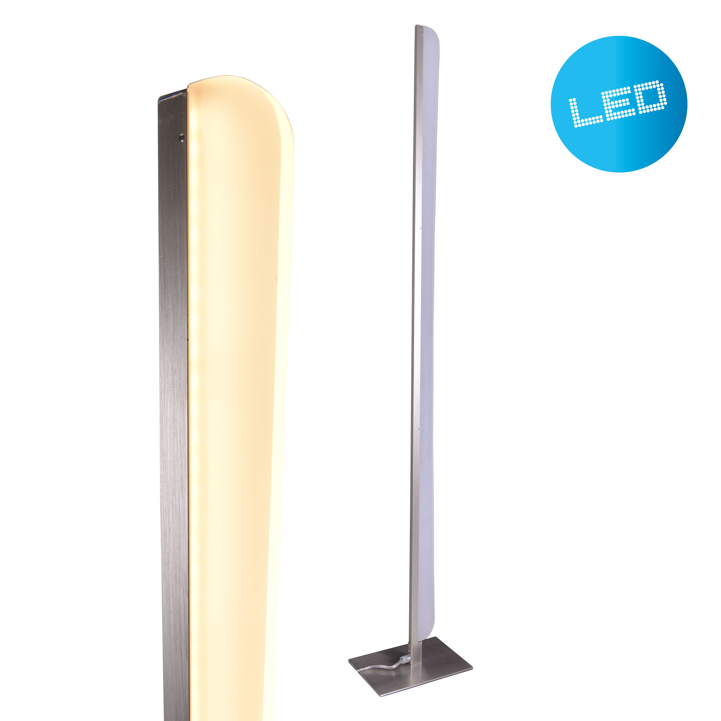 Eine hohe, silberne und weiße LED-Stehleuchte. Ein blauer Kreis mit dem Wort LED befindet sich in der Ecke.