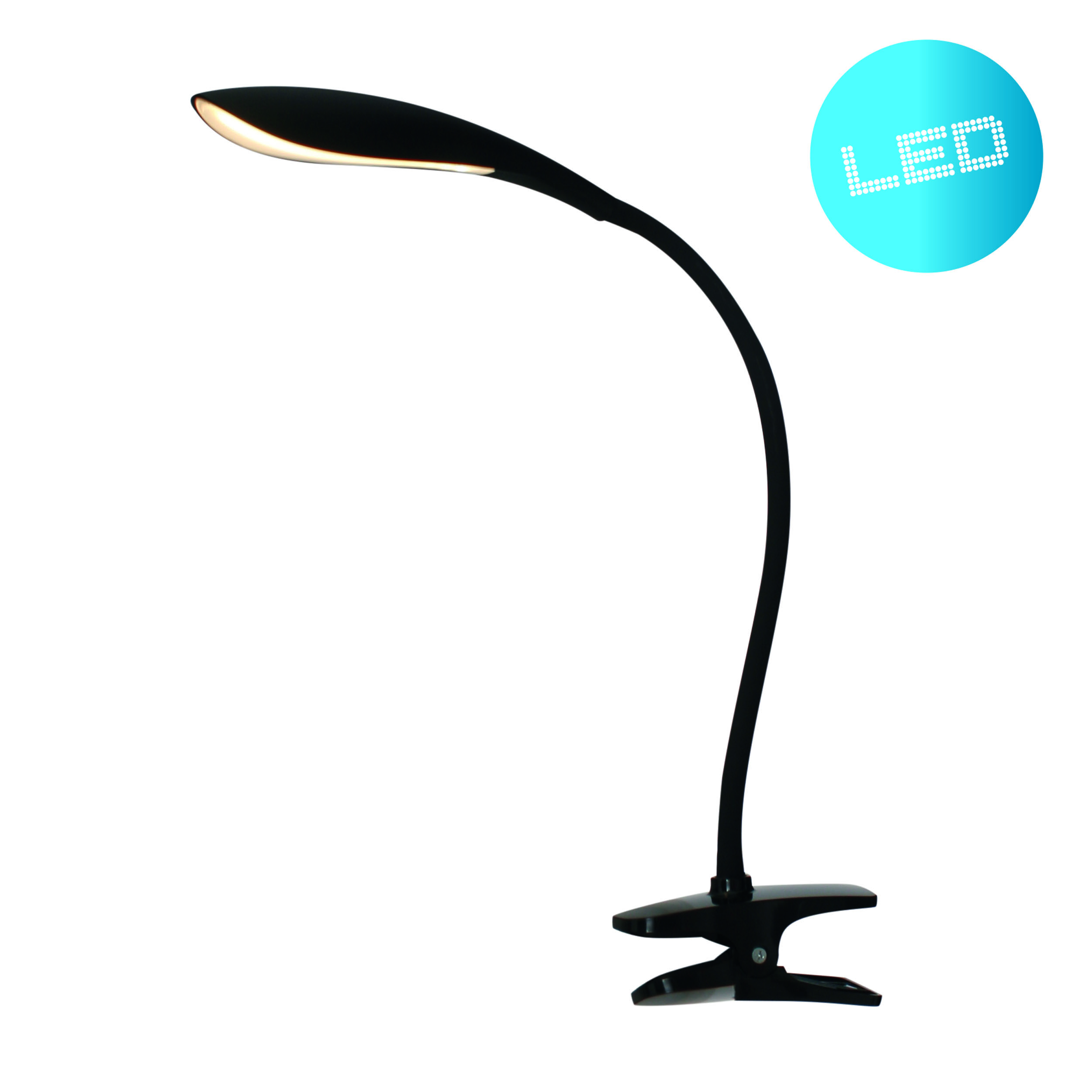 Schwarze LED-Schreibtischlampe mit gebogenem Hals, an einem Clip befestigt. Ein blauer Kreis mit dem Wort LED.