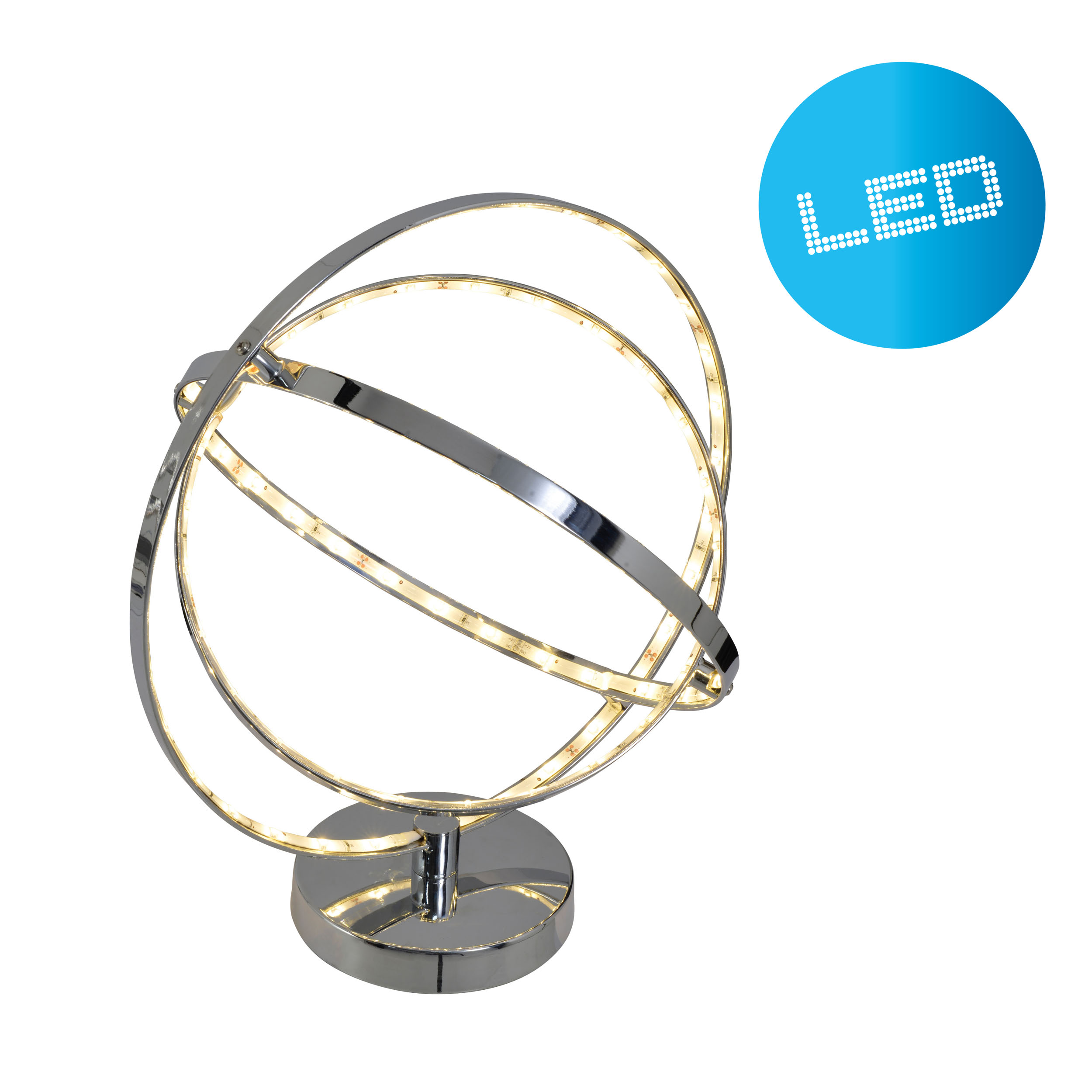 Eine verchromte LED-Schreibtischlampe. Sie hat drei sich kreuzende Ringe und einen kreisförmigen Sockel.