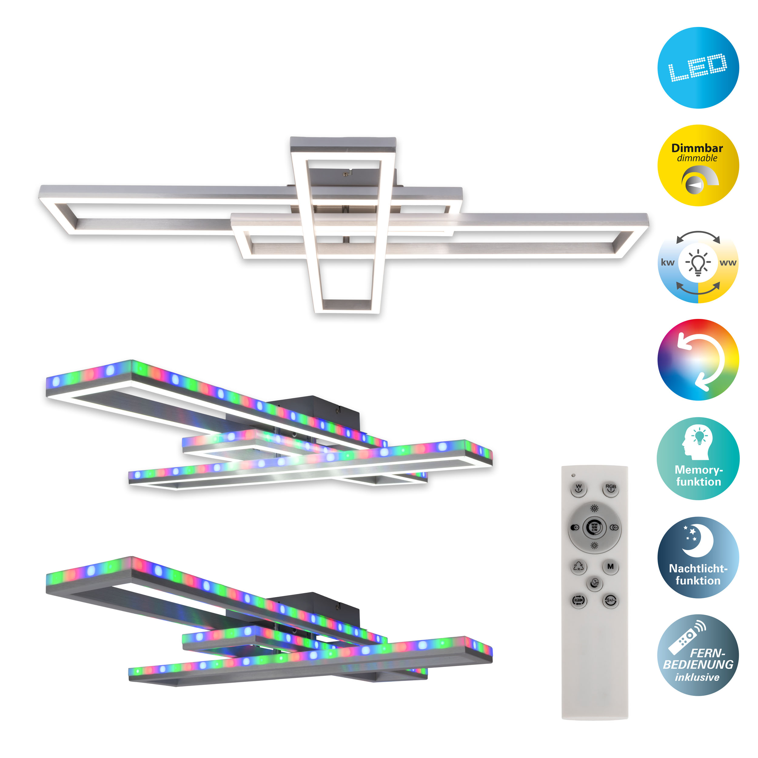 Moderne LED-Deckenleuchten und Fernbedienung. Leuchten haben mehrere Farboptionen und sind dimmbar.