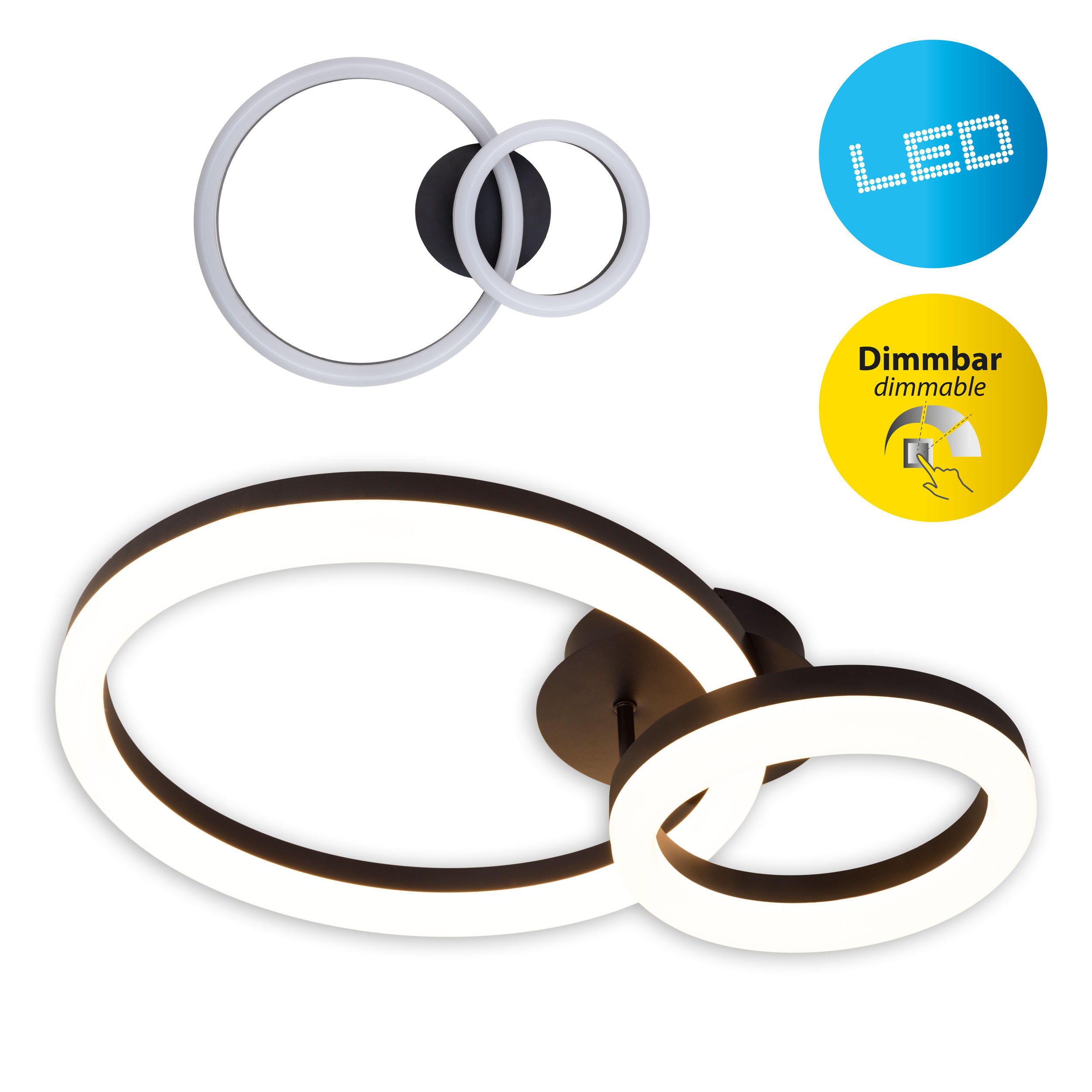 Zwei verschachtelte, ringförmige Lichter, schwarz und weiß. Text sagt dimmbar und LED.