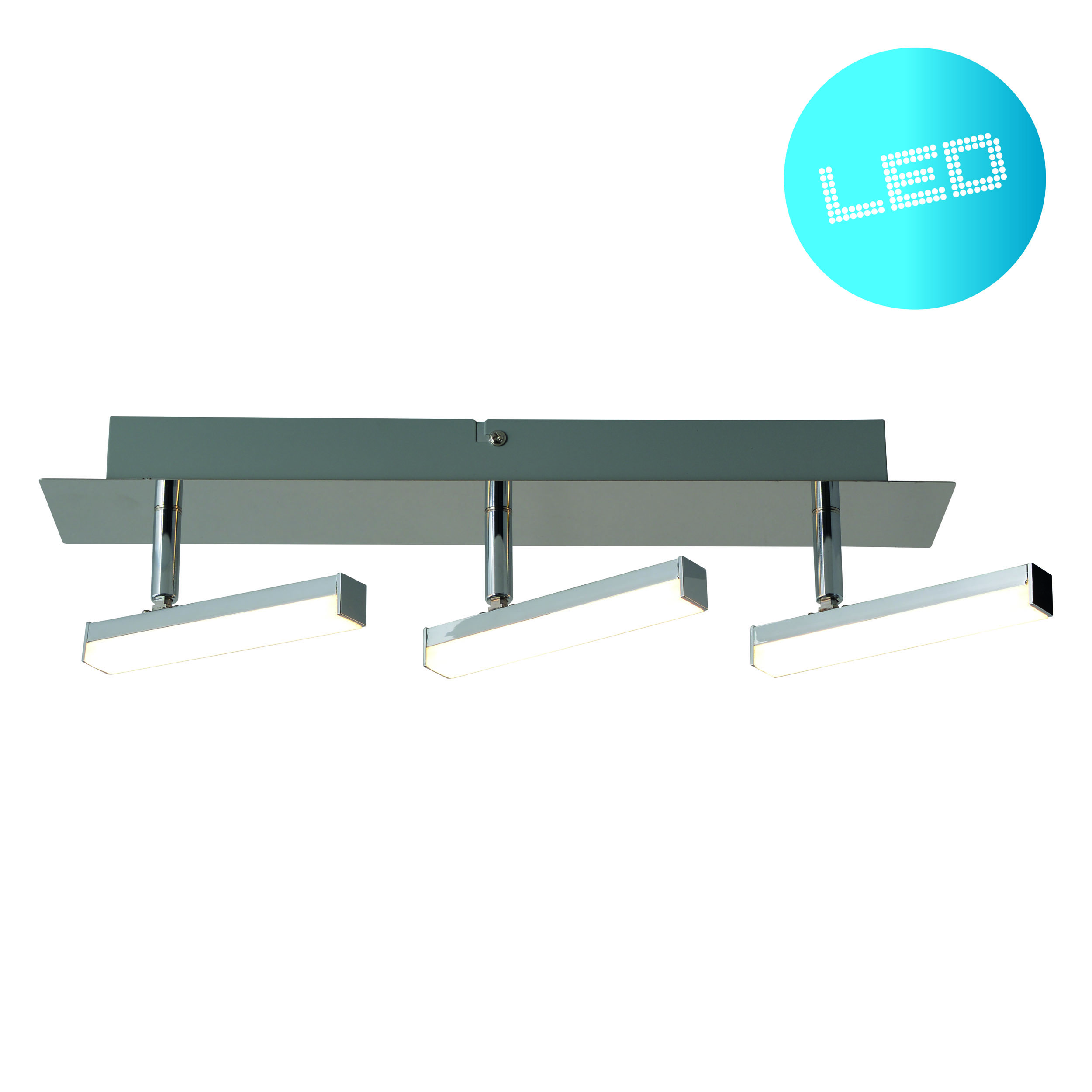 Eine silberne rechteckige Deckenleuchte mit drei rechteckigen LED-Leuchten und einem blauen LED-Label.