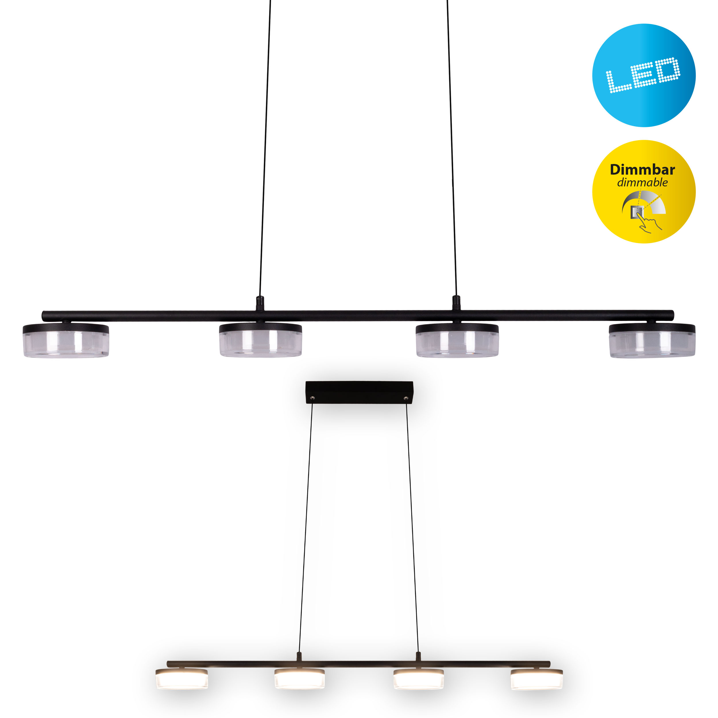 Zwei Ansichten einer schwarzen linearen Pendelleuchte mit vier Lichtern. Dimm- und LED-Symbole sind vorhanden.
