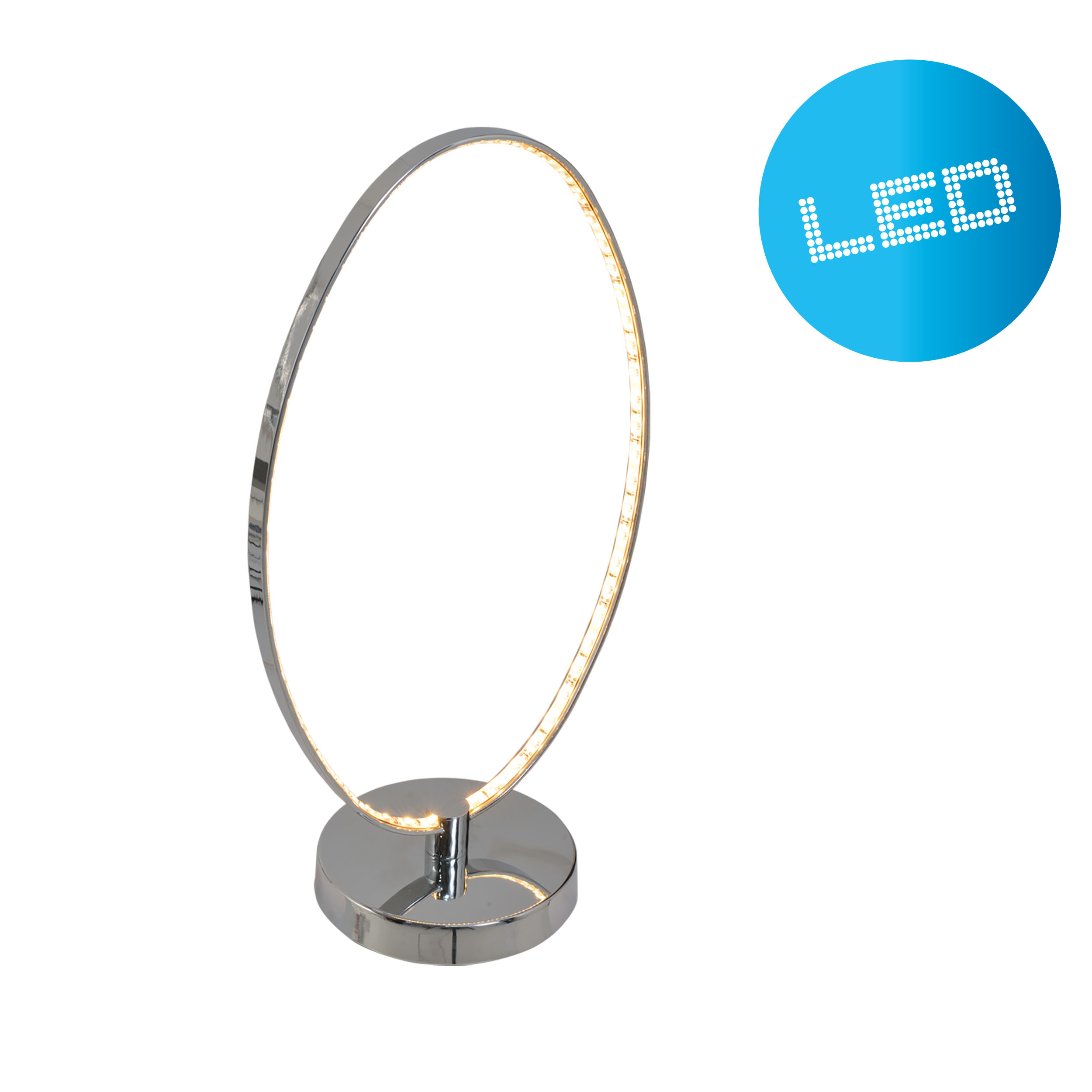 Eine silberne LED-Lampe mit ovaler Form. Ein blauer Kreis mit dem Wort LED ist oben rechts.