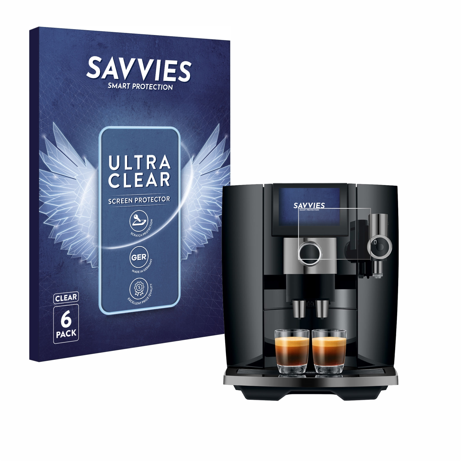 Schwarze Kaffeemaschine mit zwei Espressotassen und einer Displayschutzfolienbox mit 'SAVVIES'.