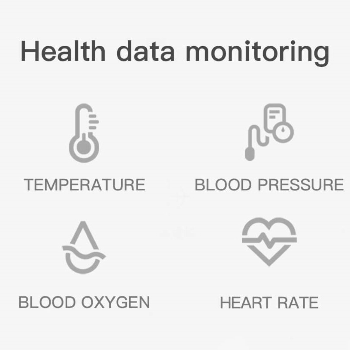 Infografika z ikonami zdrowia: temperatura, ciśnienie krwi, tlen we krwi, tętno. Na białym tle.