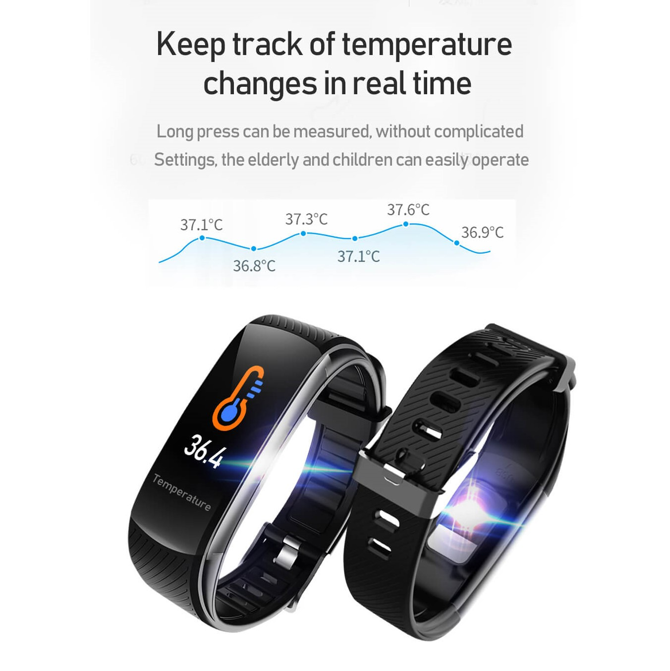 Dwa czarne smartwatche, wyświetlające odczyty temperatury, z wykresiem liniowym pokazującym zmiany.