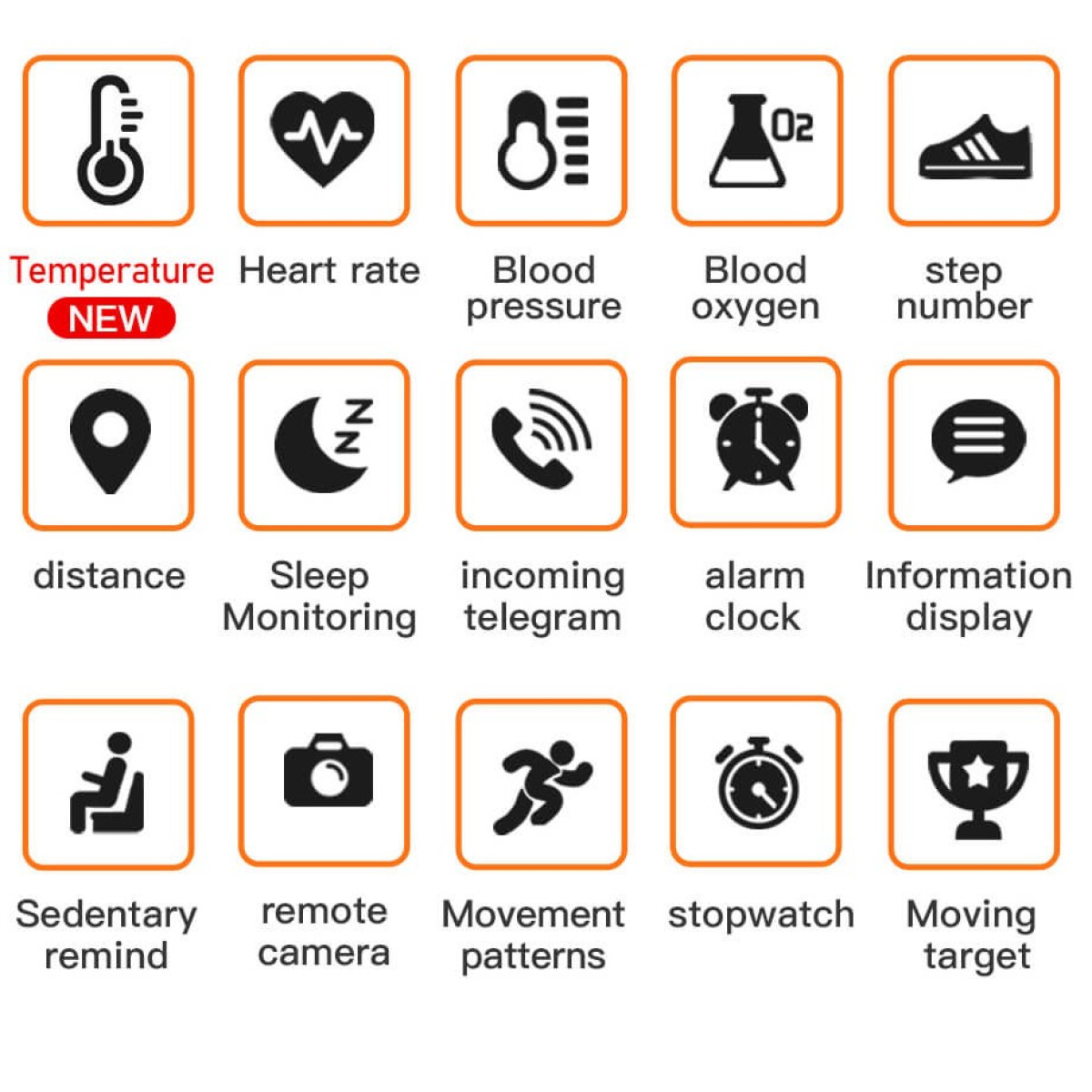 Ikony przedstawiające funkcje monitorowania zdrowia z etykietami takimi jak tętno i ciśnienie krwi.